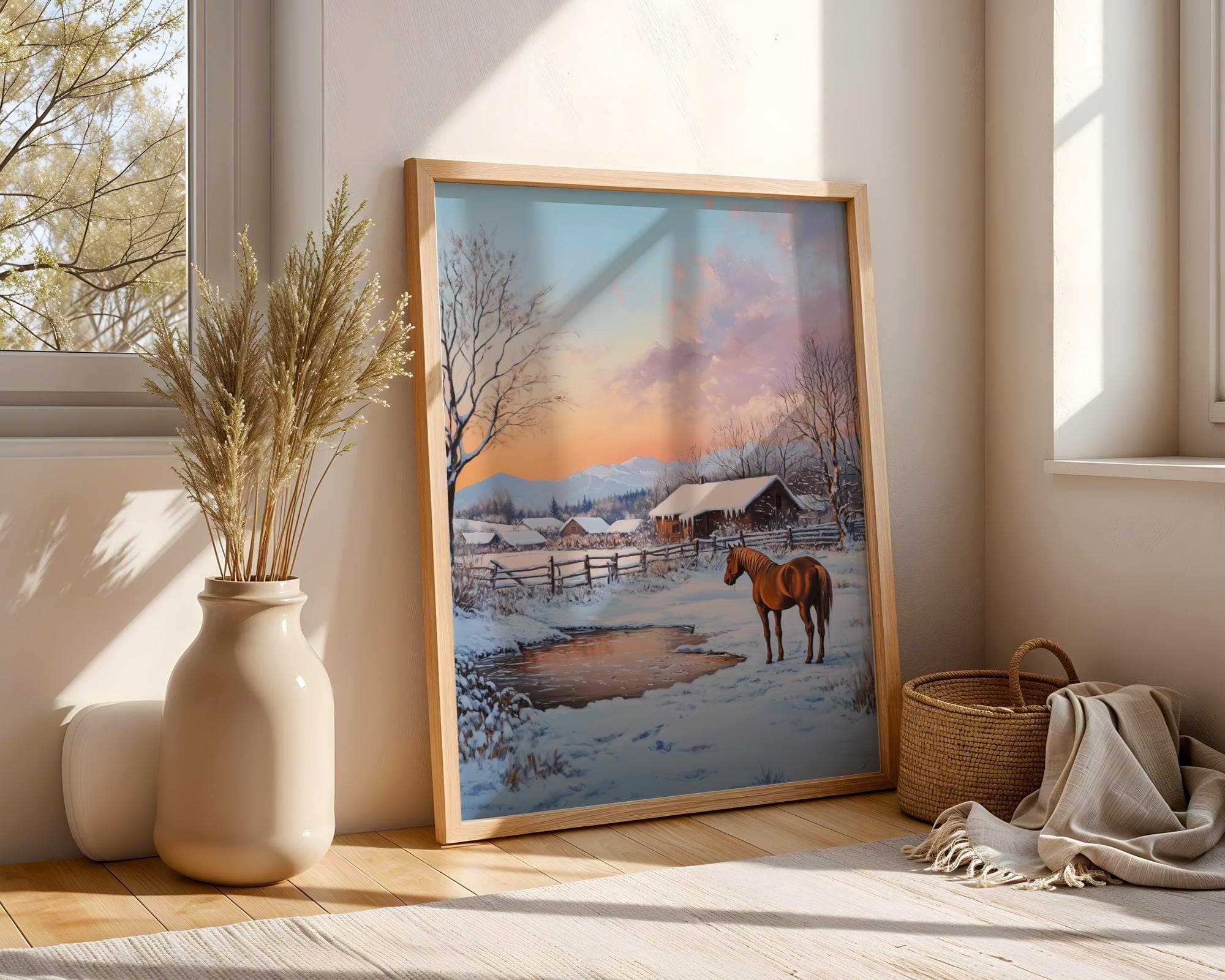 Winter Horse Wall Art, Snowy Farmhouse Landscape Print, Rustic Farm Winter Art, Horse Barn Landscape Painting, Digital Download, Horse Art - view 5