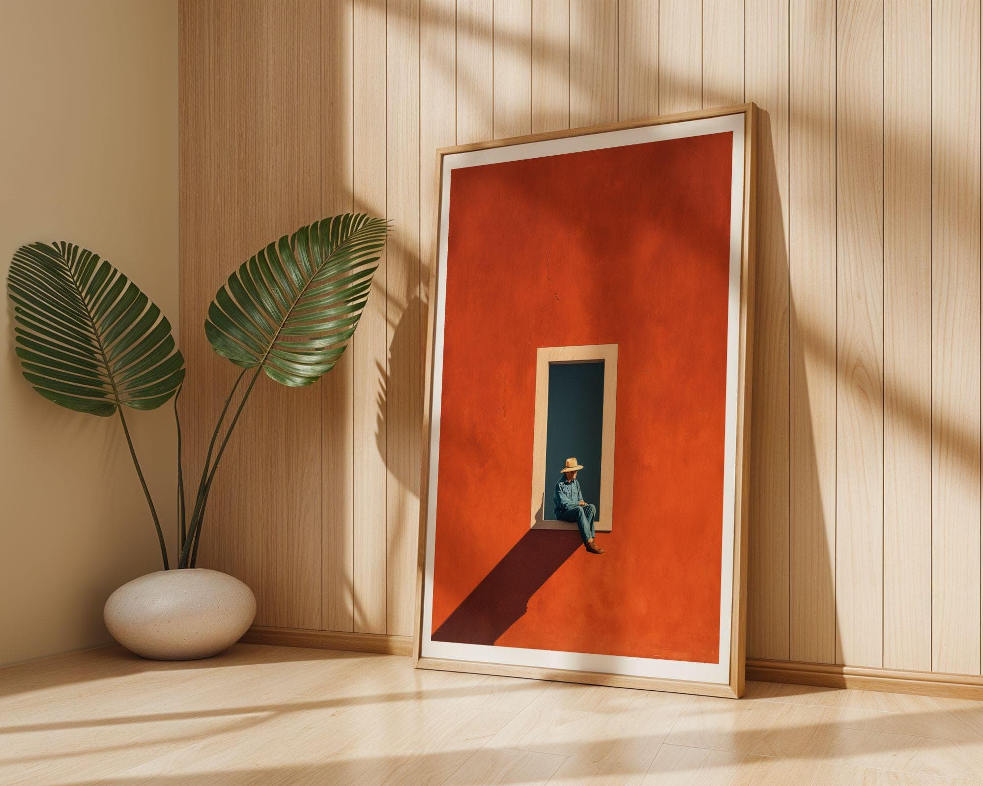 Modern Gallery Print | Man in Window, Terracotta Window Minimal Art Print, Mid-Century Vibe | Minimal Window Art, Orange Wall Decor - view 2