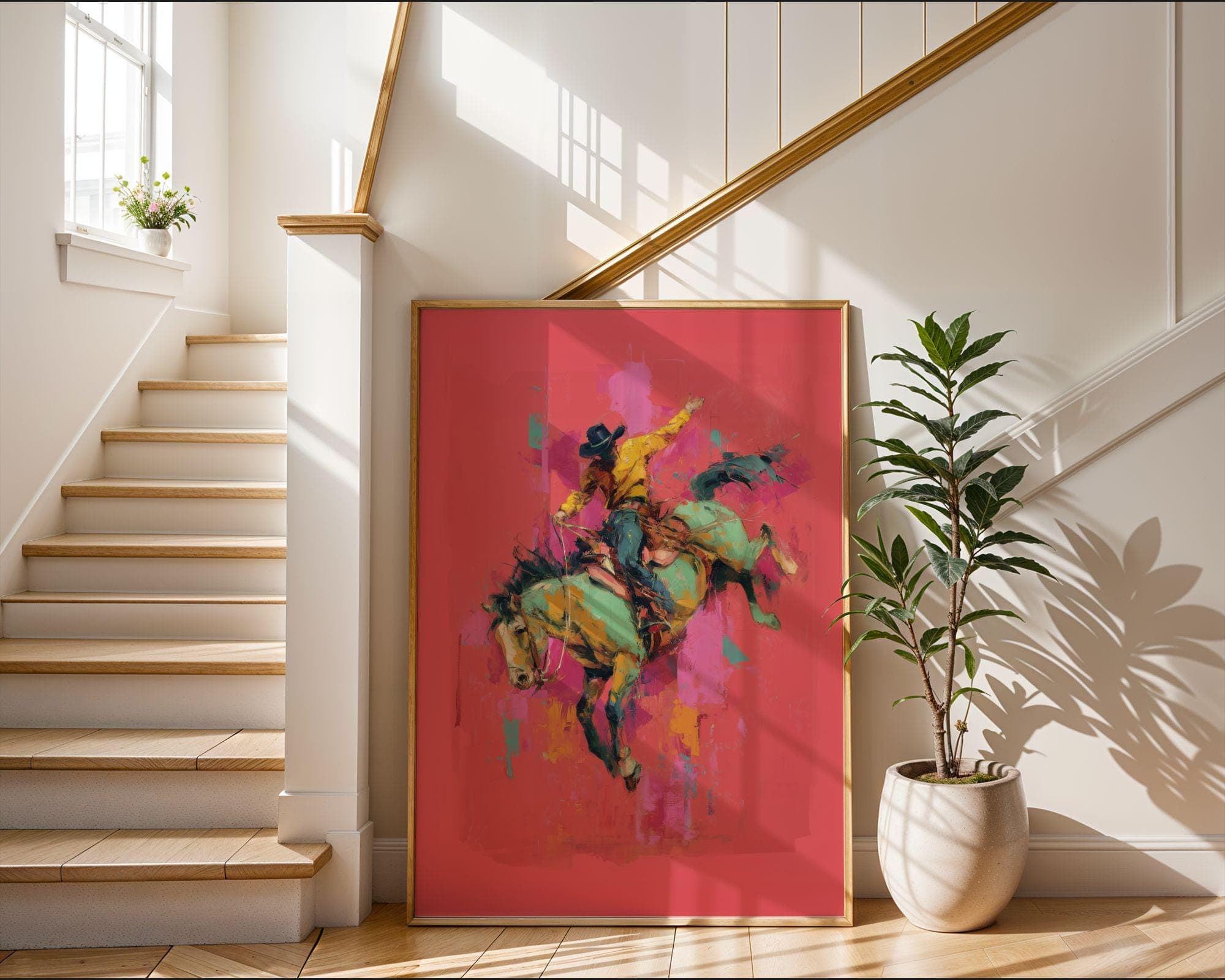 Bucking Bronco Cowboy Wall Art ā Abstract Horse Print, Neon Western Decor, Vibrant Rodeo Art, Abstract Cowboy Decor, Pink Aesthetic Decor - view 3