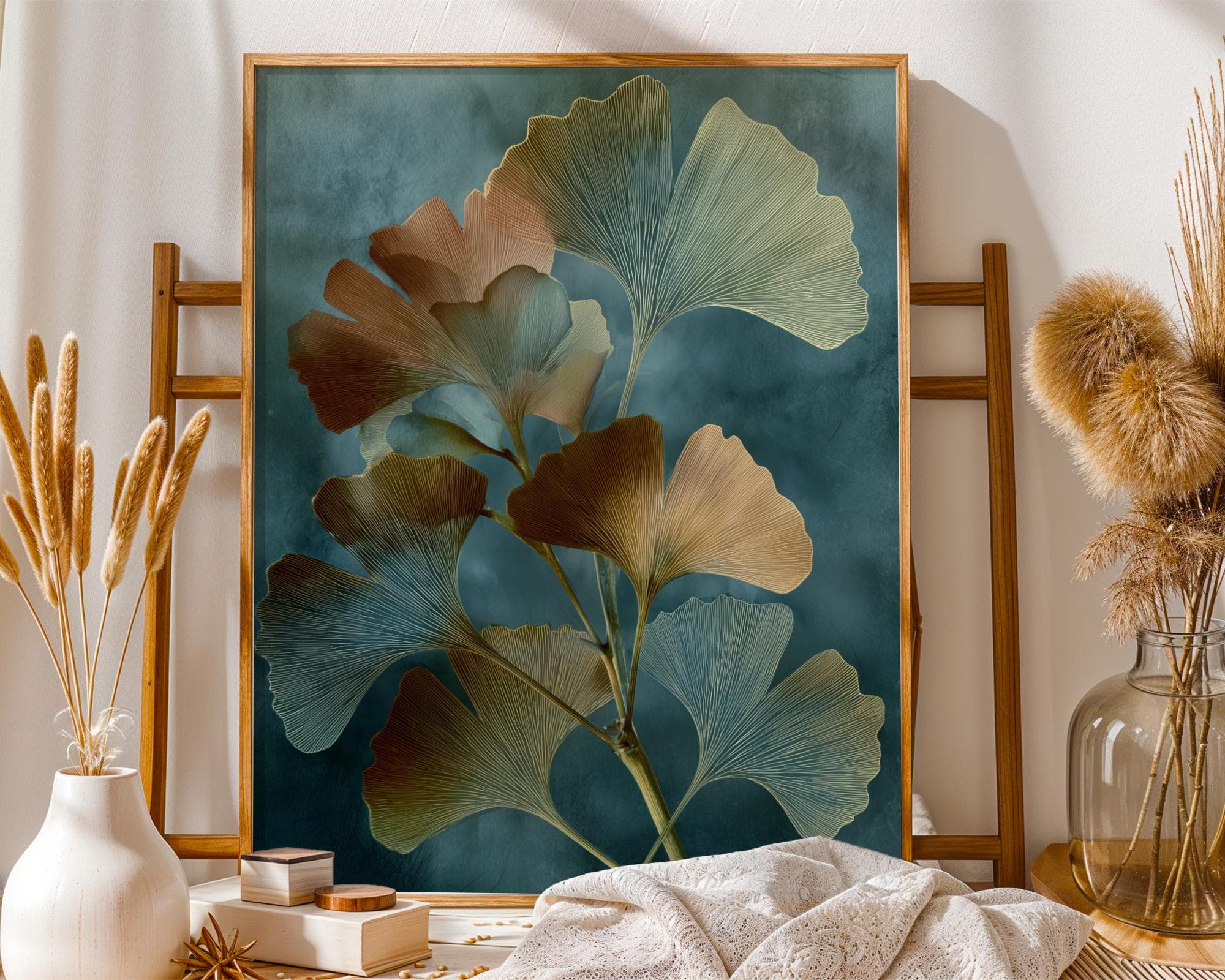 X Ray Ginkgo Leaf Botanical Wall Art Blue Green Gold Radiograph Print Modern Nature Decor, Botanical Print, Tranquil Zen Nature Print - view 5