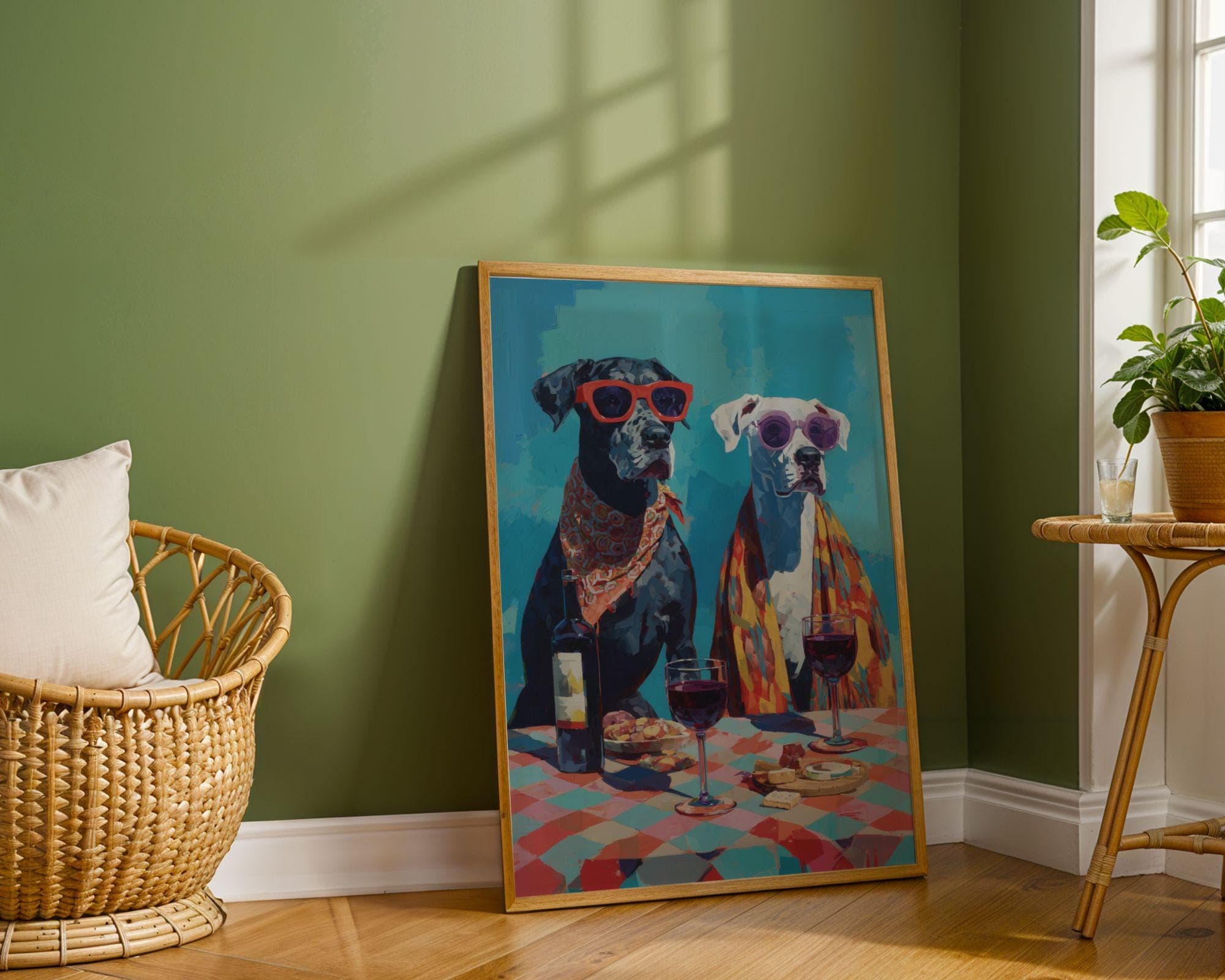 Funny Dog Couple Wall Art, Wine Lover Dog Print, Whimsical Animal Painting, Colorful Pet Portrait Kitchen Dining Room Decor, Wine Lover Gift - view 4