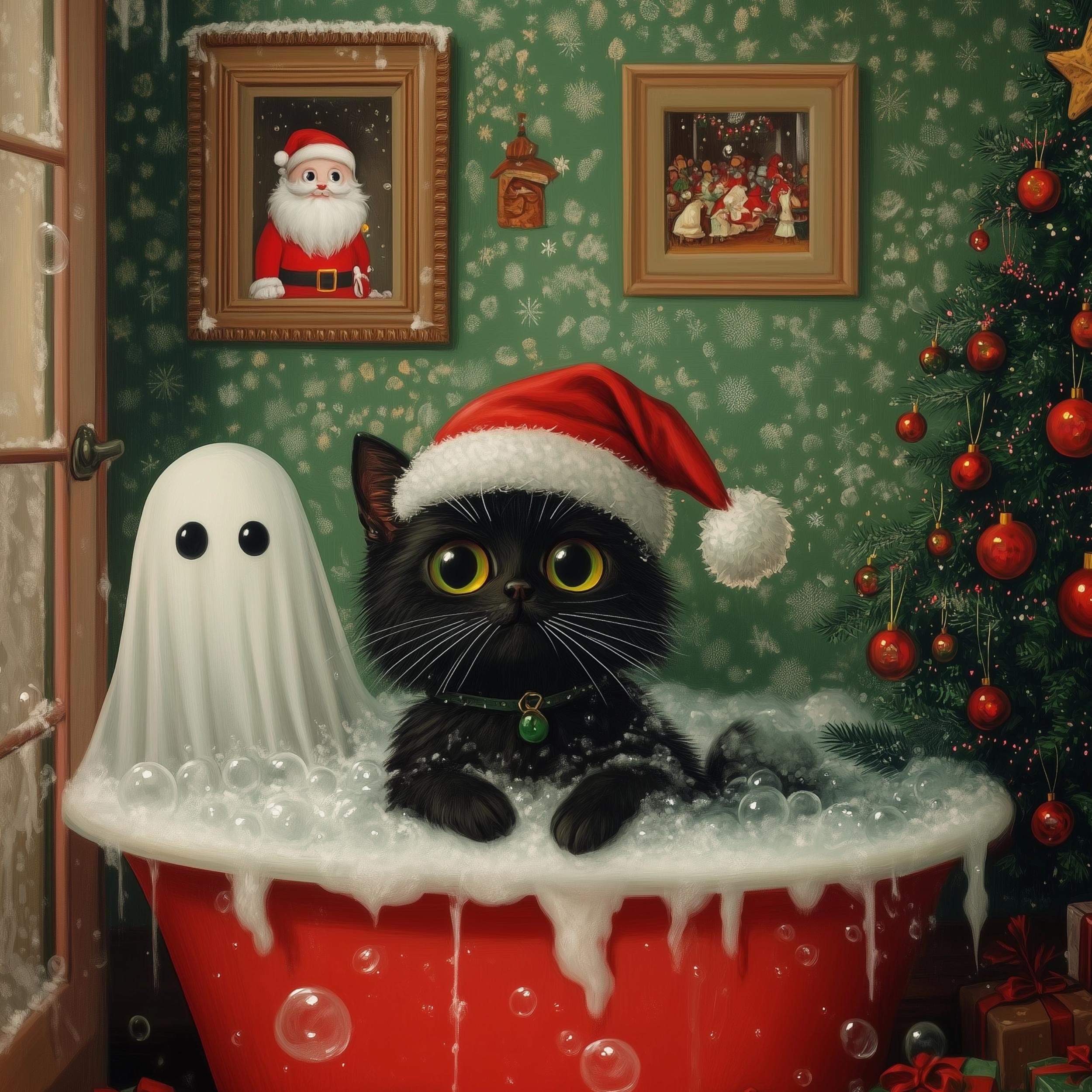 Ghost and Cat Christmas Bubblebath Poster, Spooky Cute Ghost Xmas Bath Art, Black Cat Print, Whimsigoth Holiday Decor, UNFRAMED, Cat Poster - view 2