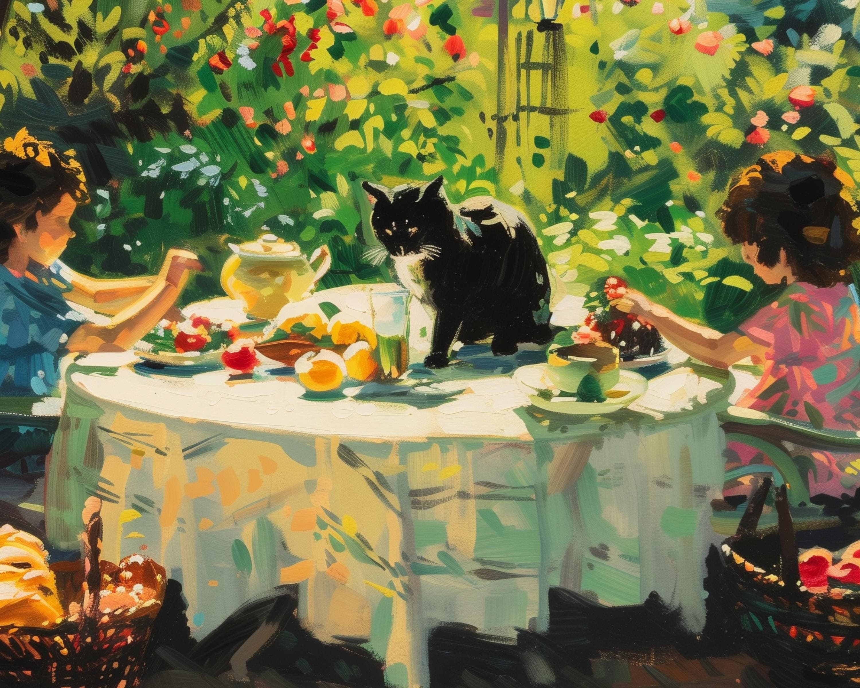 Black Cat Garden Print, Impressionist Whimsical Art (Digital Download) - view 2