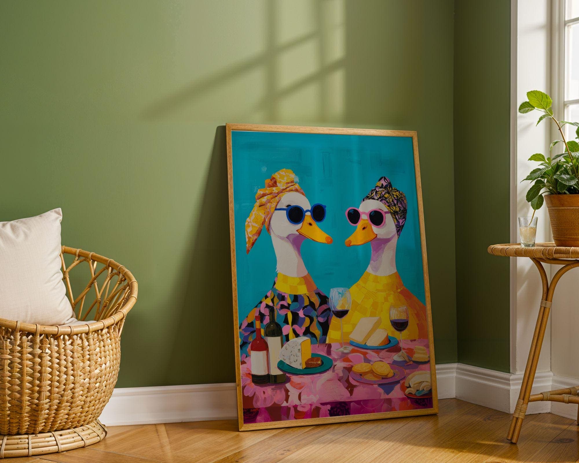 Funny Duck Couple Kitchen Wall Art, Colorful Duck Wine Dinner Art, Whimsical Duck Couple Painting, Pop Art Duck Kitchen Decor, Wine Lover - view 4