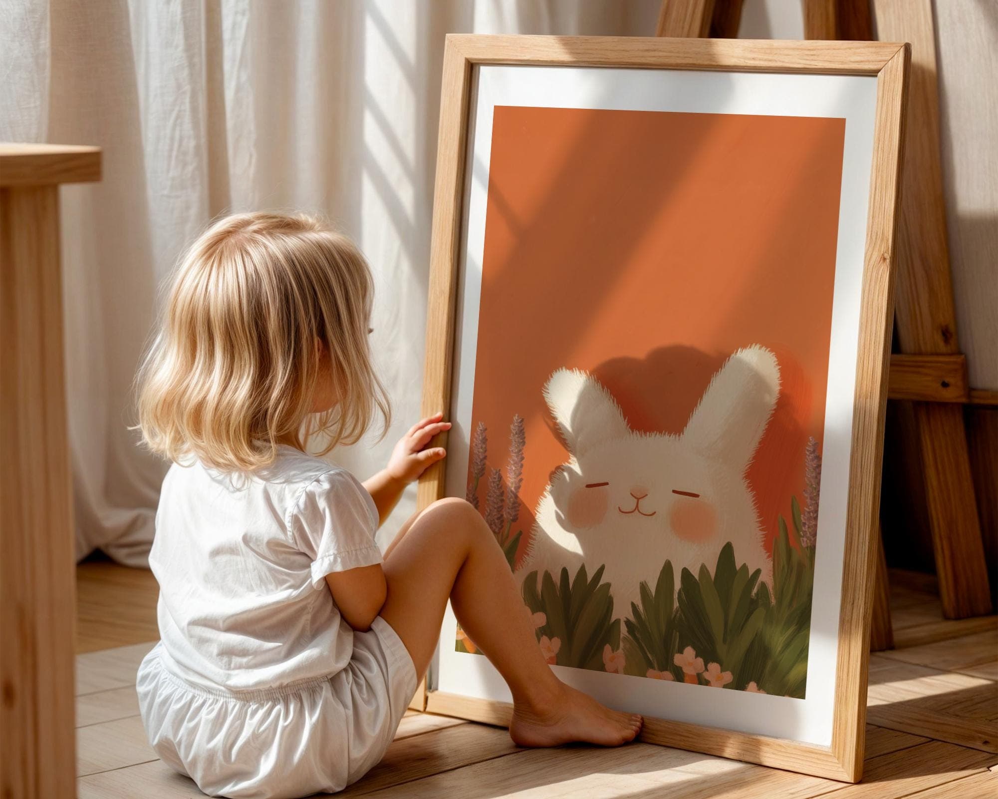 Whimsical Bunny Wall Art, Kids Room Animal Art, Fluffy Bunny Orange Painting, Baby Room Wall Art, Dreamy Baby Room Art, Soft Orange Wall Art - view 6