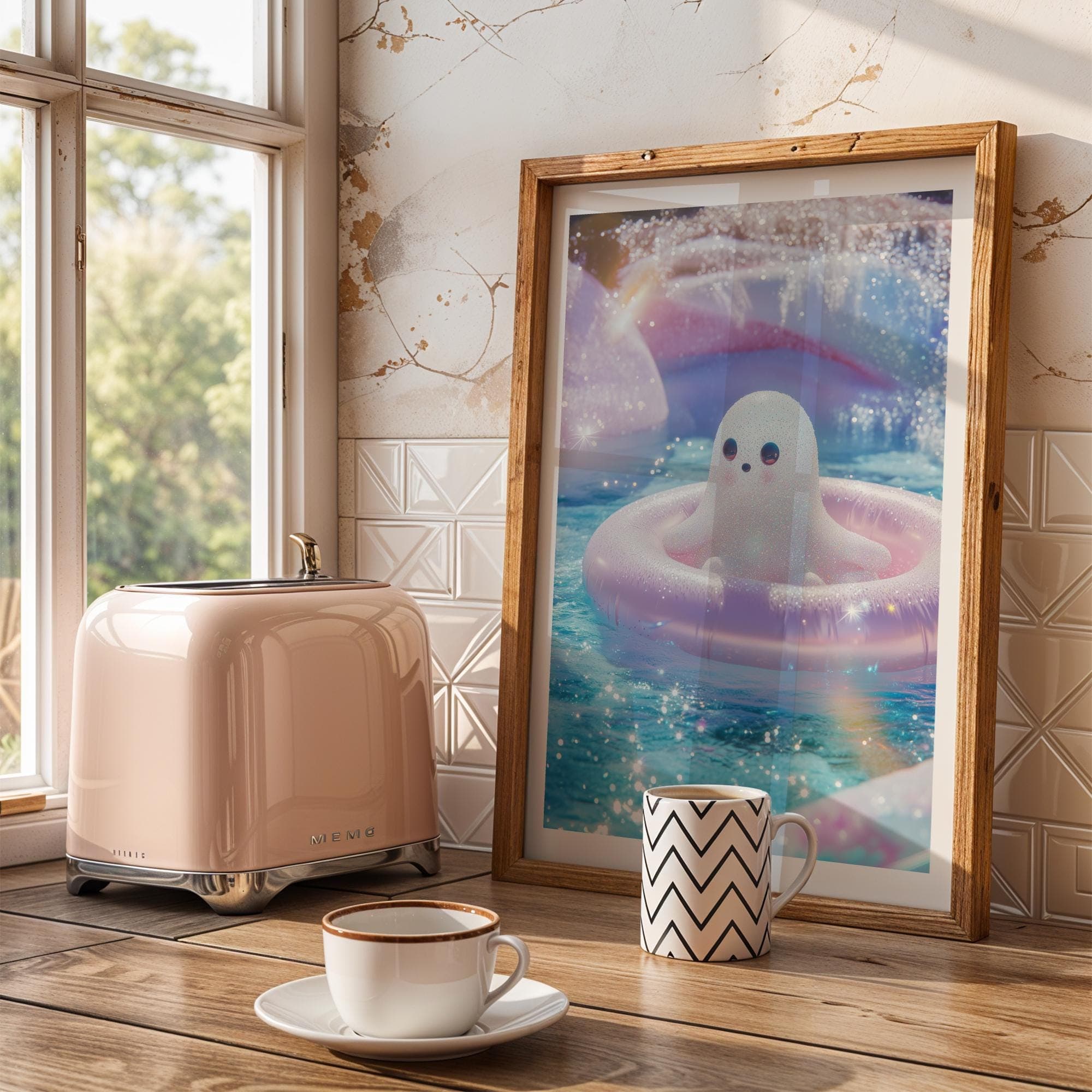 Cute Ghost Art Print, Halloween Art Print, Kawaii Ghost Art Print, Cute Seal Ghost Illustration, Pastel Sparkle Pool Art, Whimsical Decor - view 3