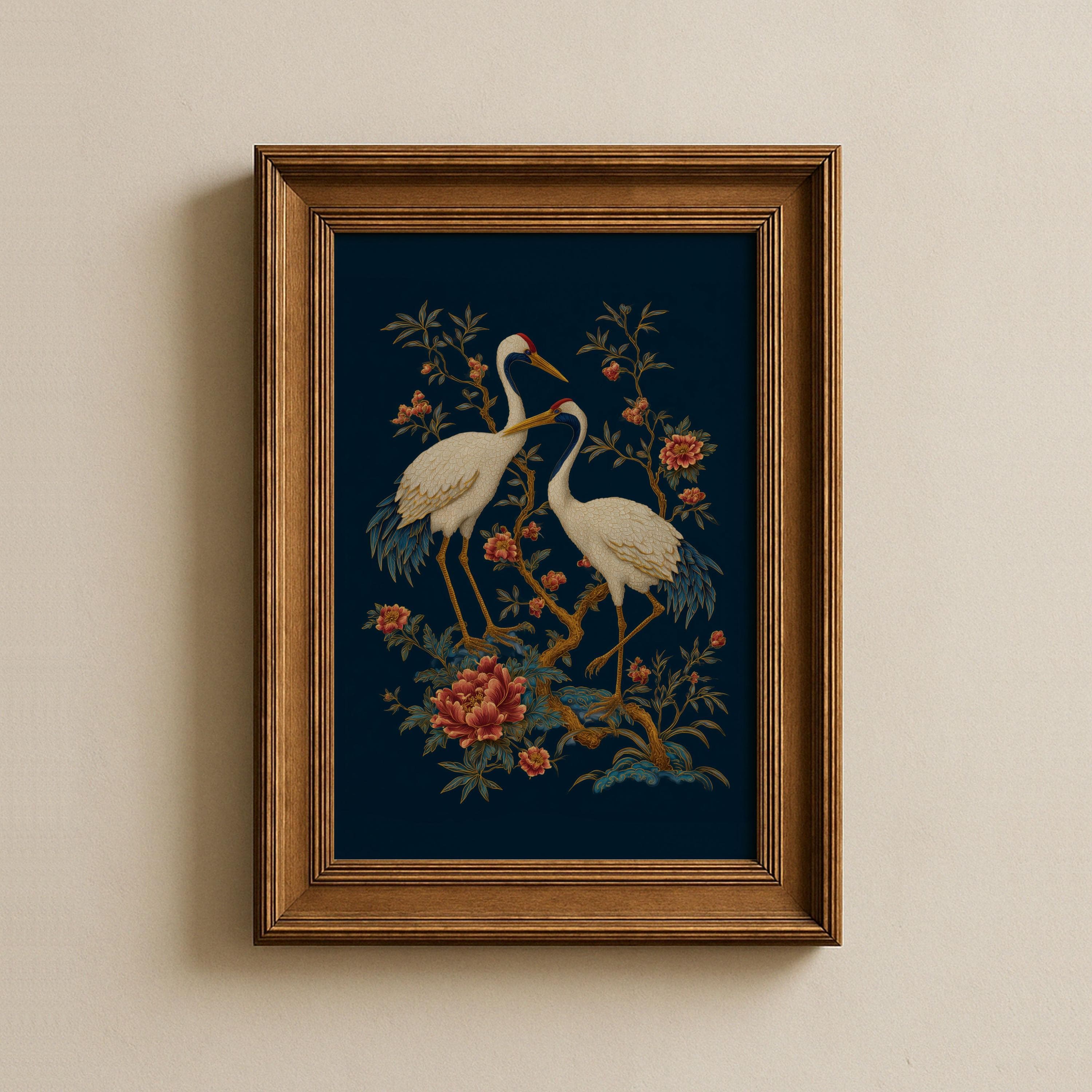 Gold Crane Wall Art Blue Oriental Decor, Japanese Crane Wall Art Print, Gold Asian Bird Painting, Oriental Floral Decor, Japandi Crane Art - view 2