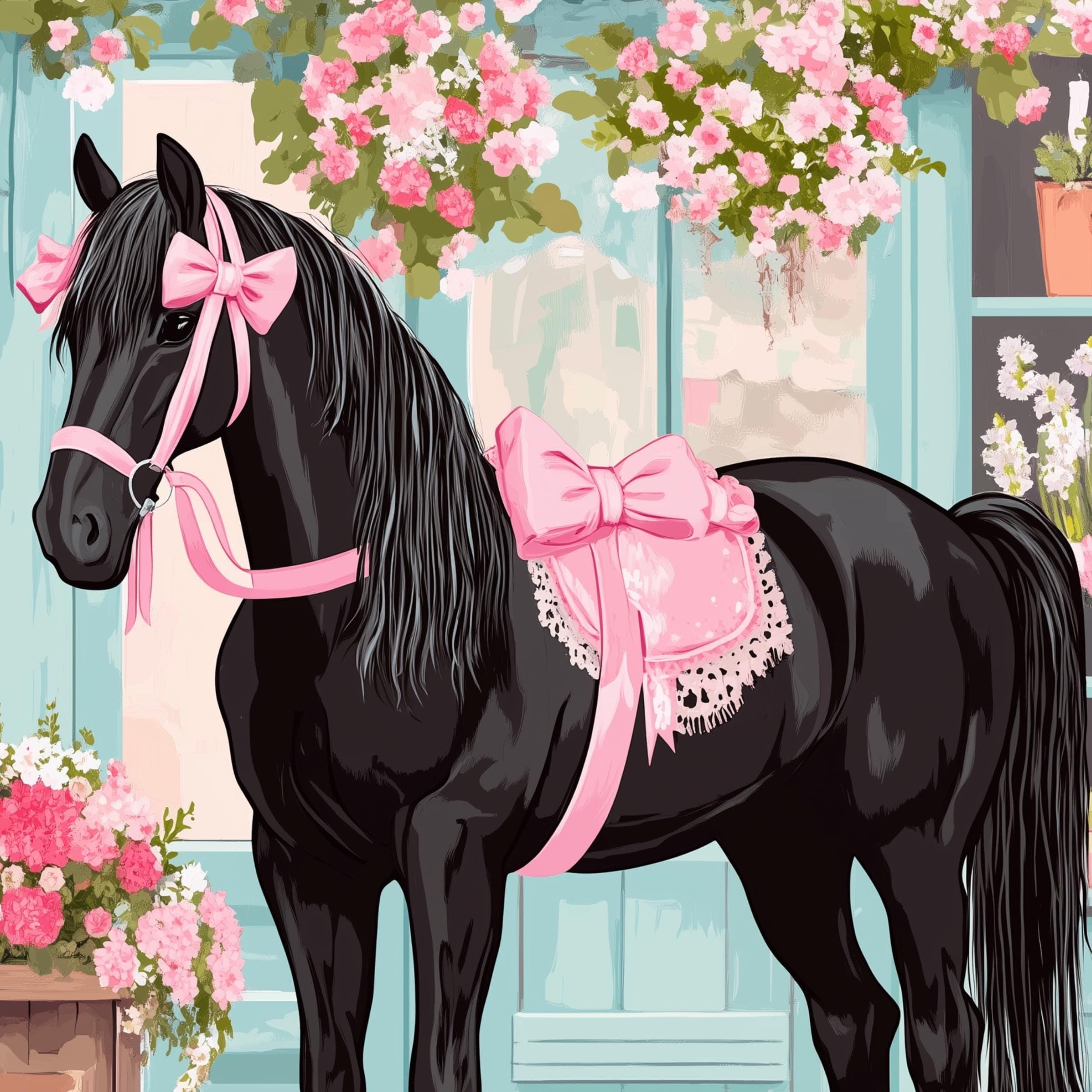 Black Horse with Pink Ribbons, Floral Stallion Art (Digital Download) - view 7