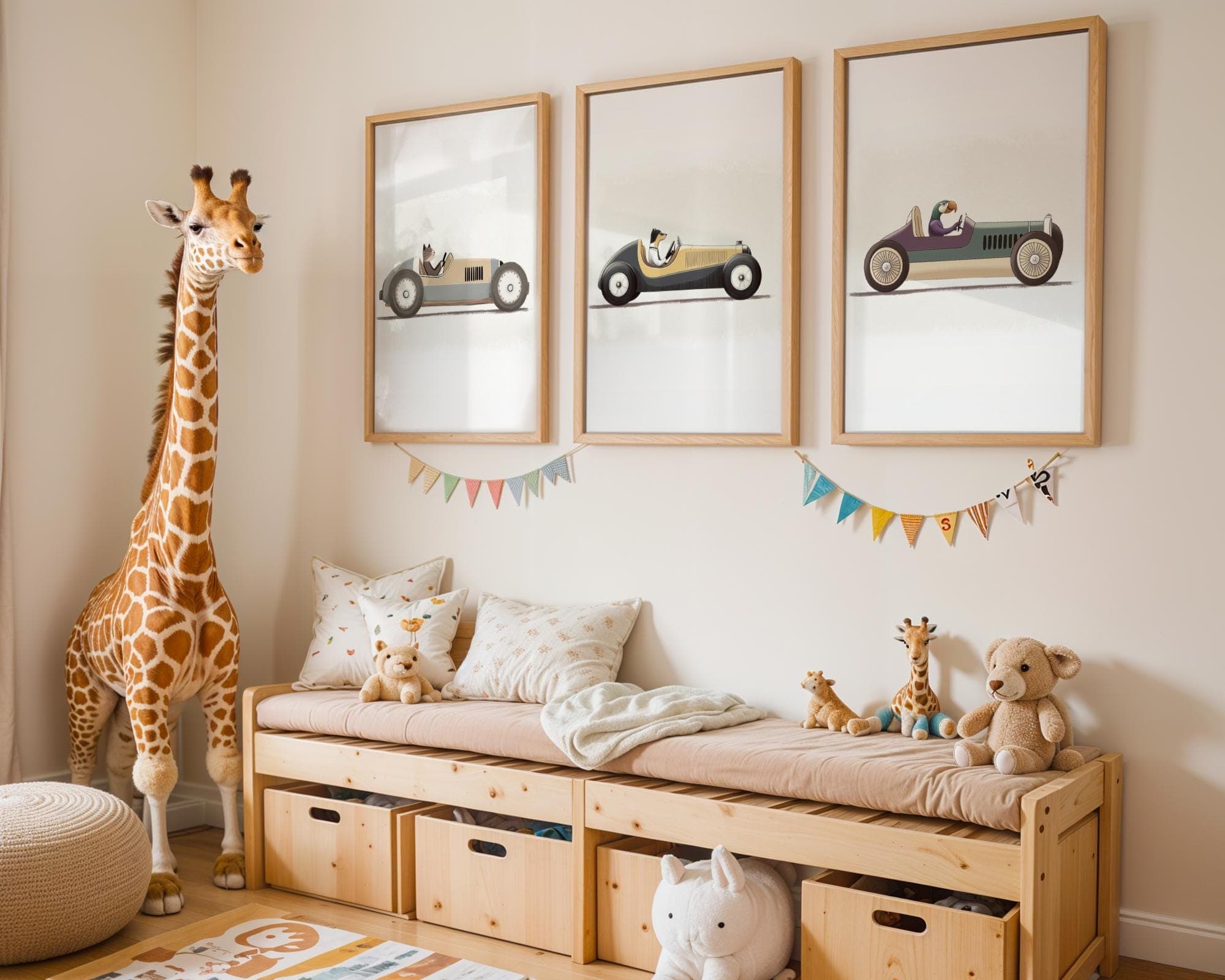 Racing Car Animal Wall Art, Set of 3 Nursery Animal Decor, Animal Driving Vintage Car Art, Playful Wall Print, Racing Animal Illustration - view 2