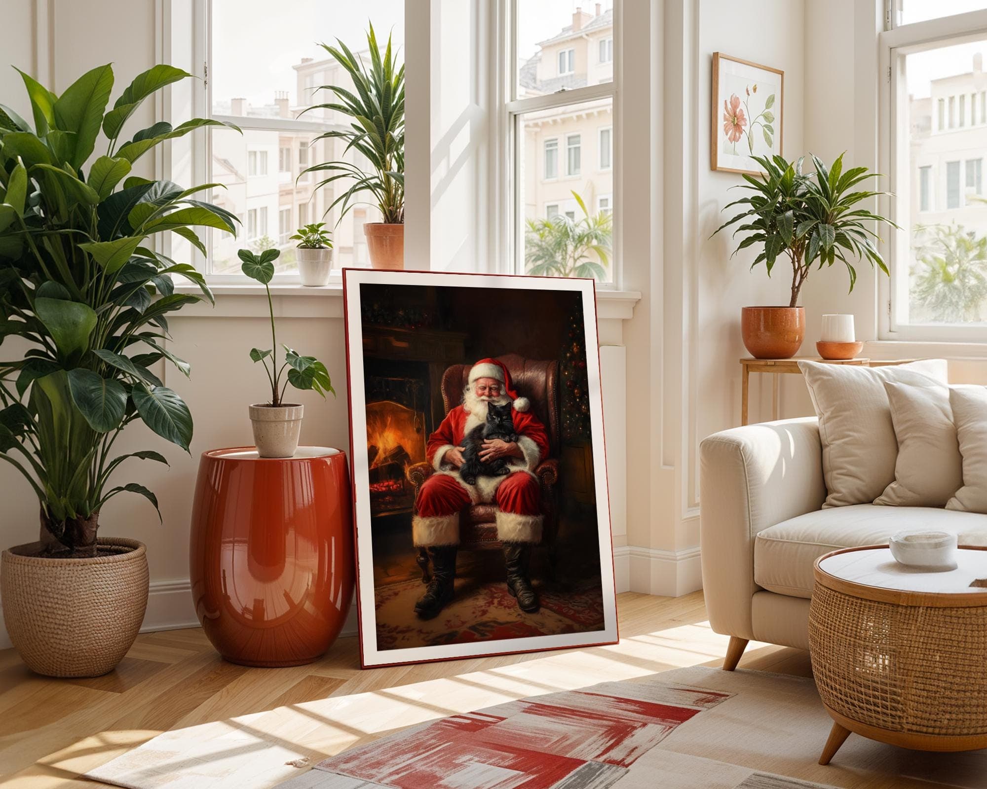 Santa Claus with Black Cat - Cozy Christmas Wall Art Print, Christmas Wall Decor, Whimsical Cat and Santa Claus Print, Digital Download - view 5