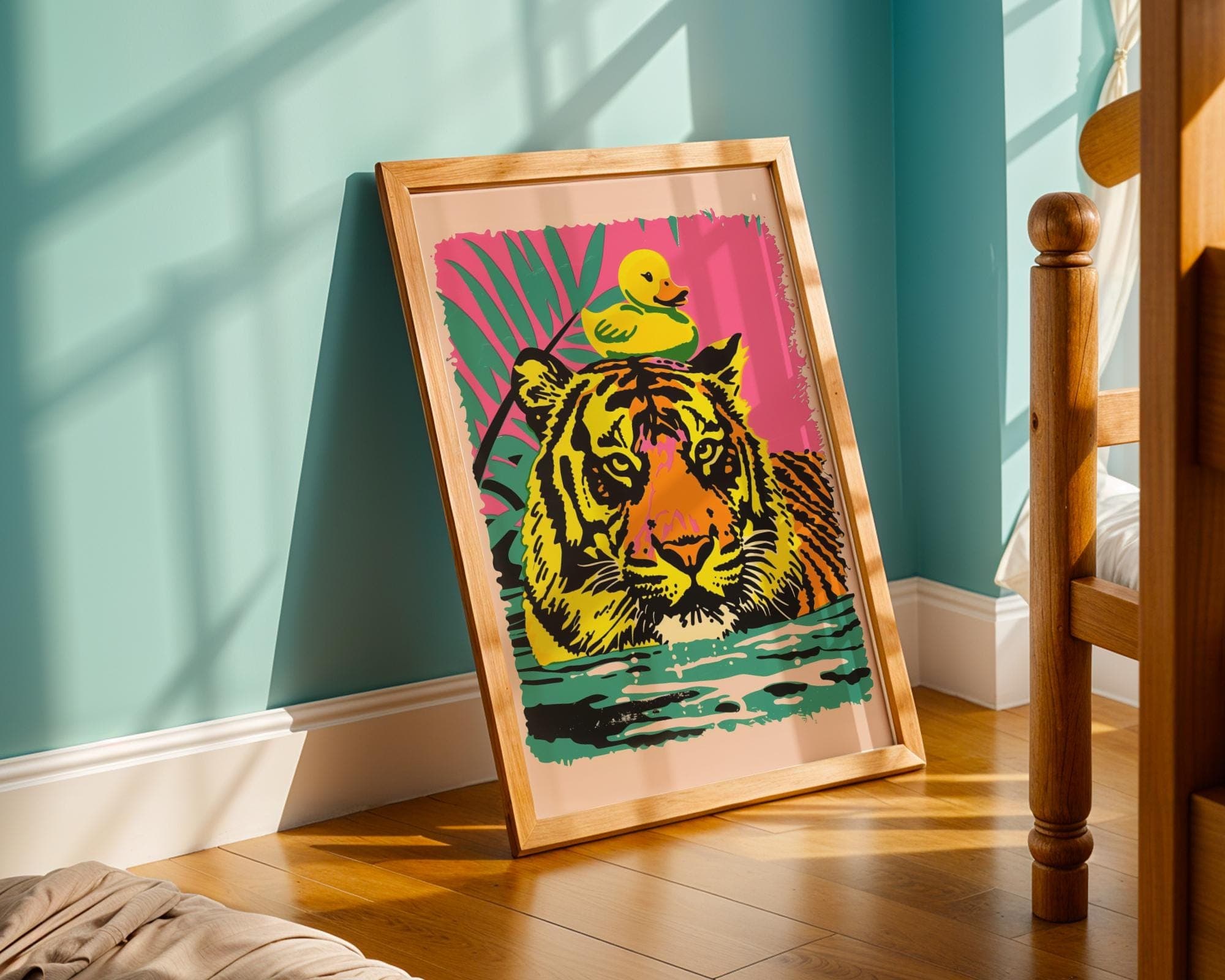 Pop Art Tiger Print with Yellow Duck, Modern Quirky Decor (Digital Download) - view 3