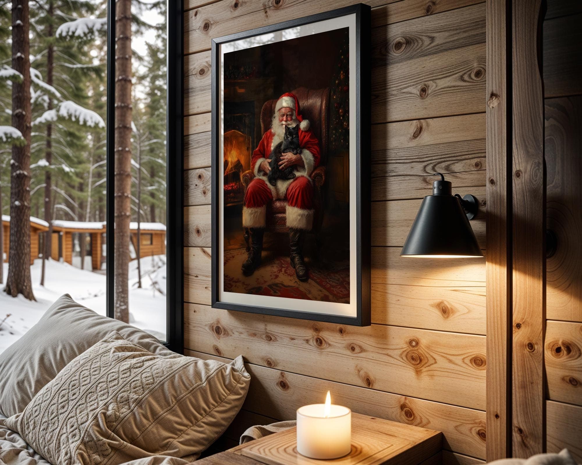 Santa Claus with Black Cat - Cozy Christmas Wall Art Print, Christmas Wall Decor, Whimsical Cat and Santa Claus Print, Digital Download - view 4