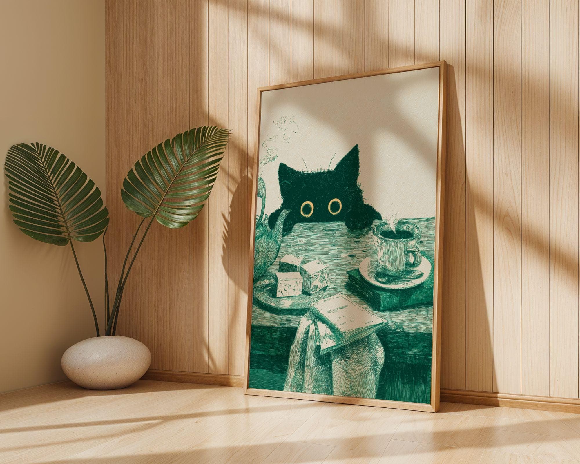 Funny Cat Kitchen Poster, Whimsical Black Cat Poster, Curious Cat Wall Art, Quirky Cat Decor, Vintage Cat Art Print, Emareld Green Wall Art - view 4