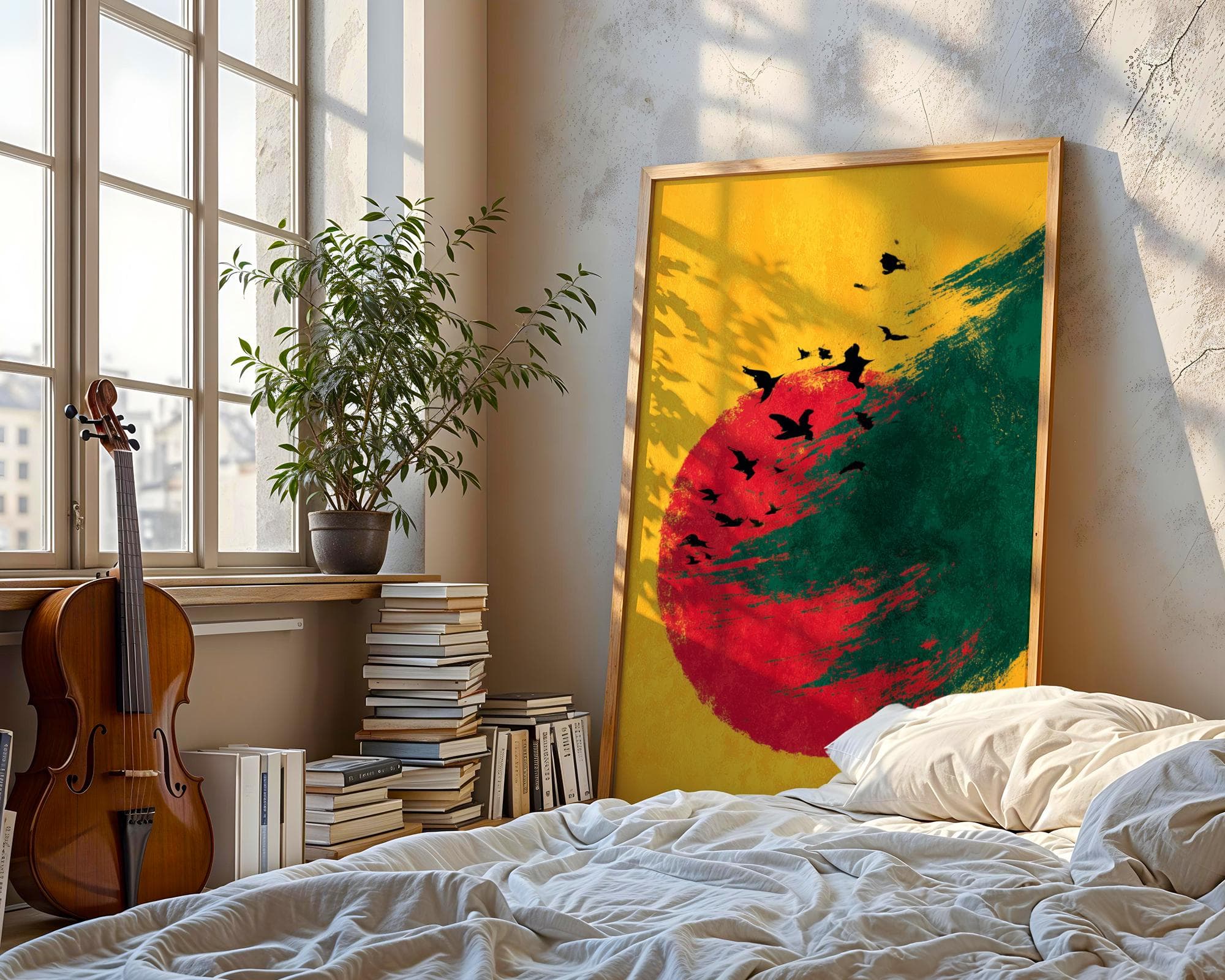 Japanese Minimalist Wall Art, Flying Birds, Red Circle and Green Brush Stroke, Japandi Style Art Print, Warm Color Wall Art, Digital Print - view 2