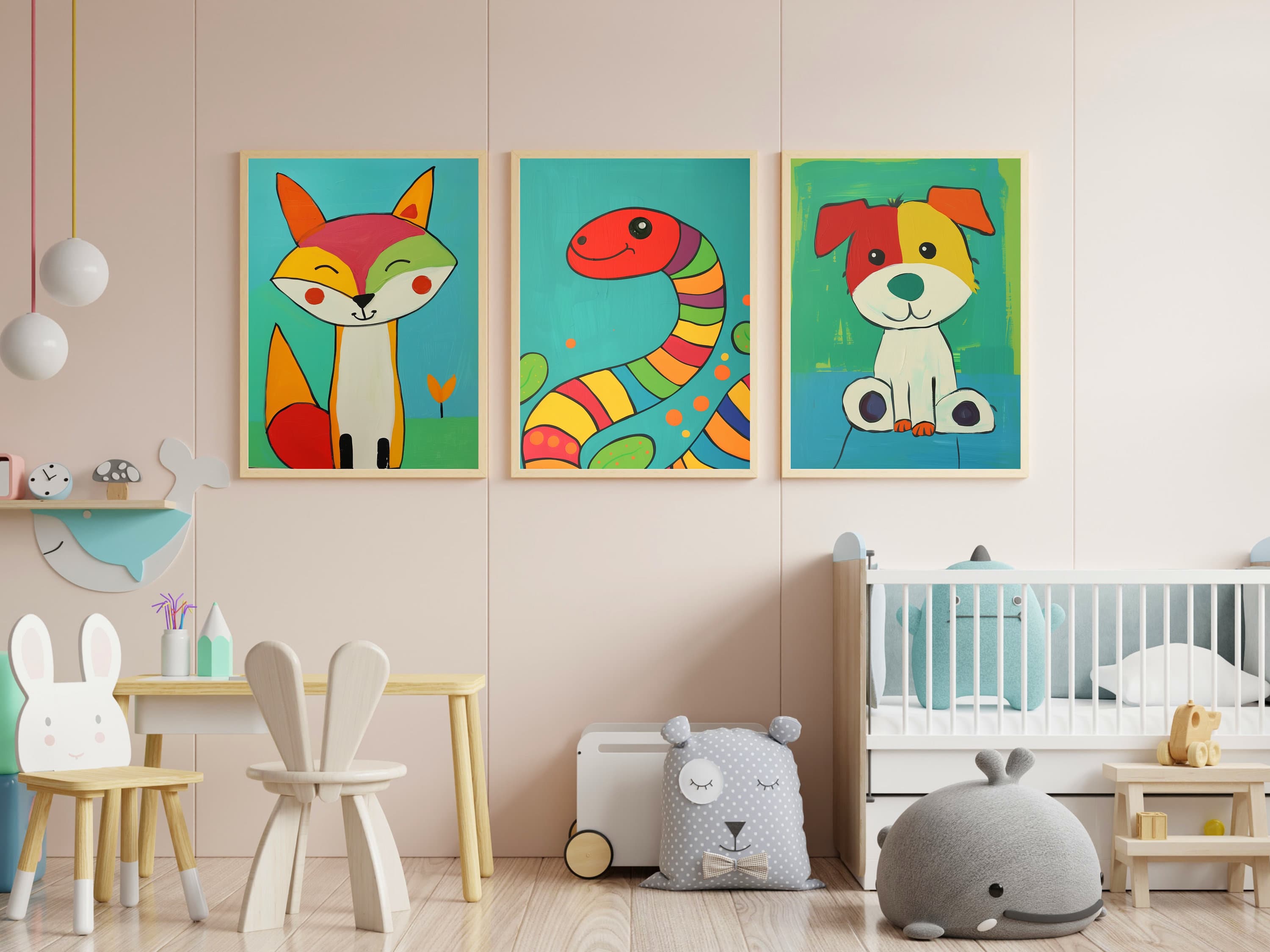 Colorful Animal Prints Set, Colorful Painting , Nursery Wall Art, Cute Baby Room Decor, Playroom Prints, Colorful Nursery Decor, Set of 30 - view 5