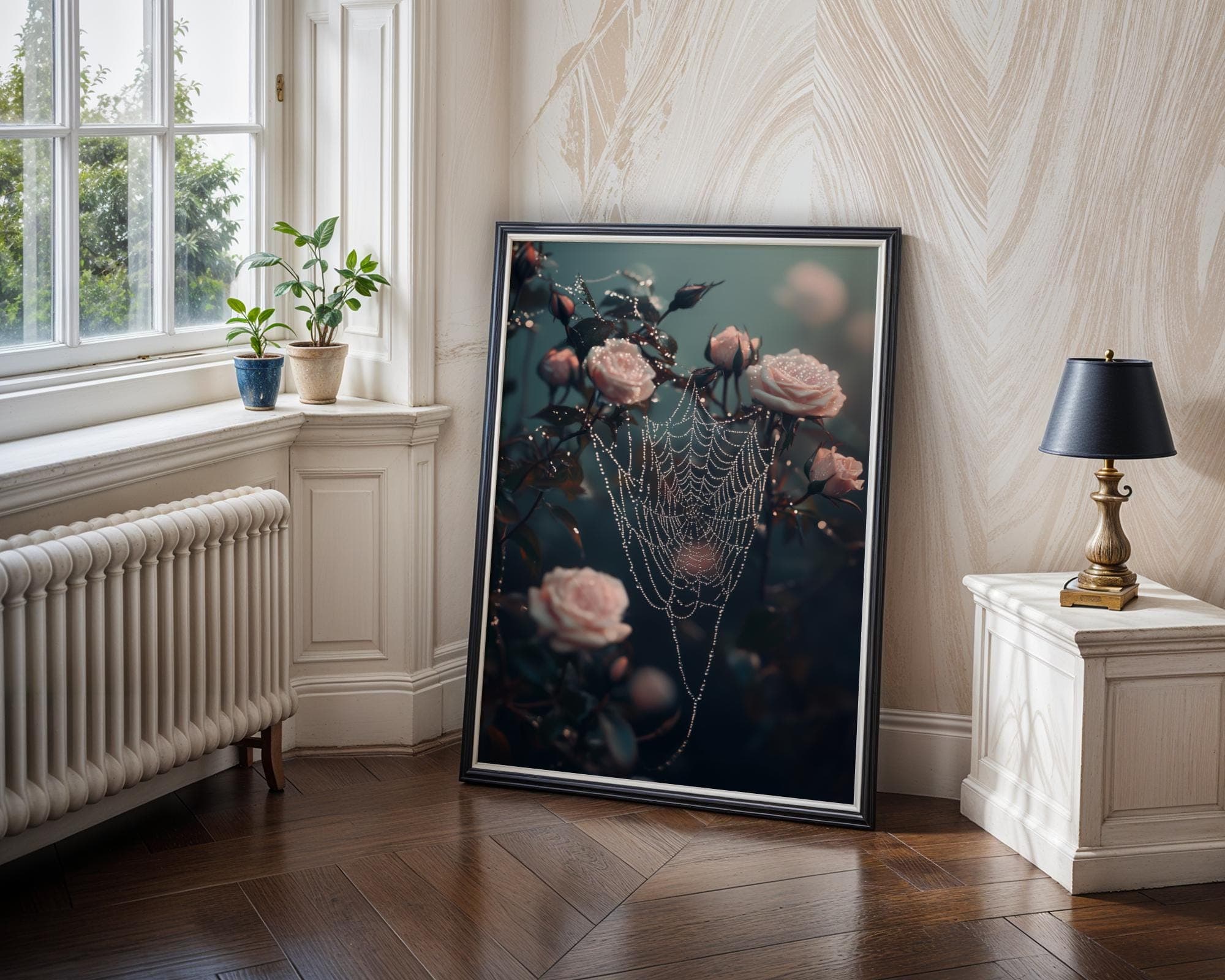 Moody Spiderweb and Pink Rose Wall Art Print, Vintage Botanical Gothic Wall Poster, Dark Academia Decor, Digital Download, Moody Wall Art - view 3