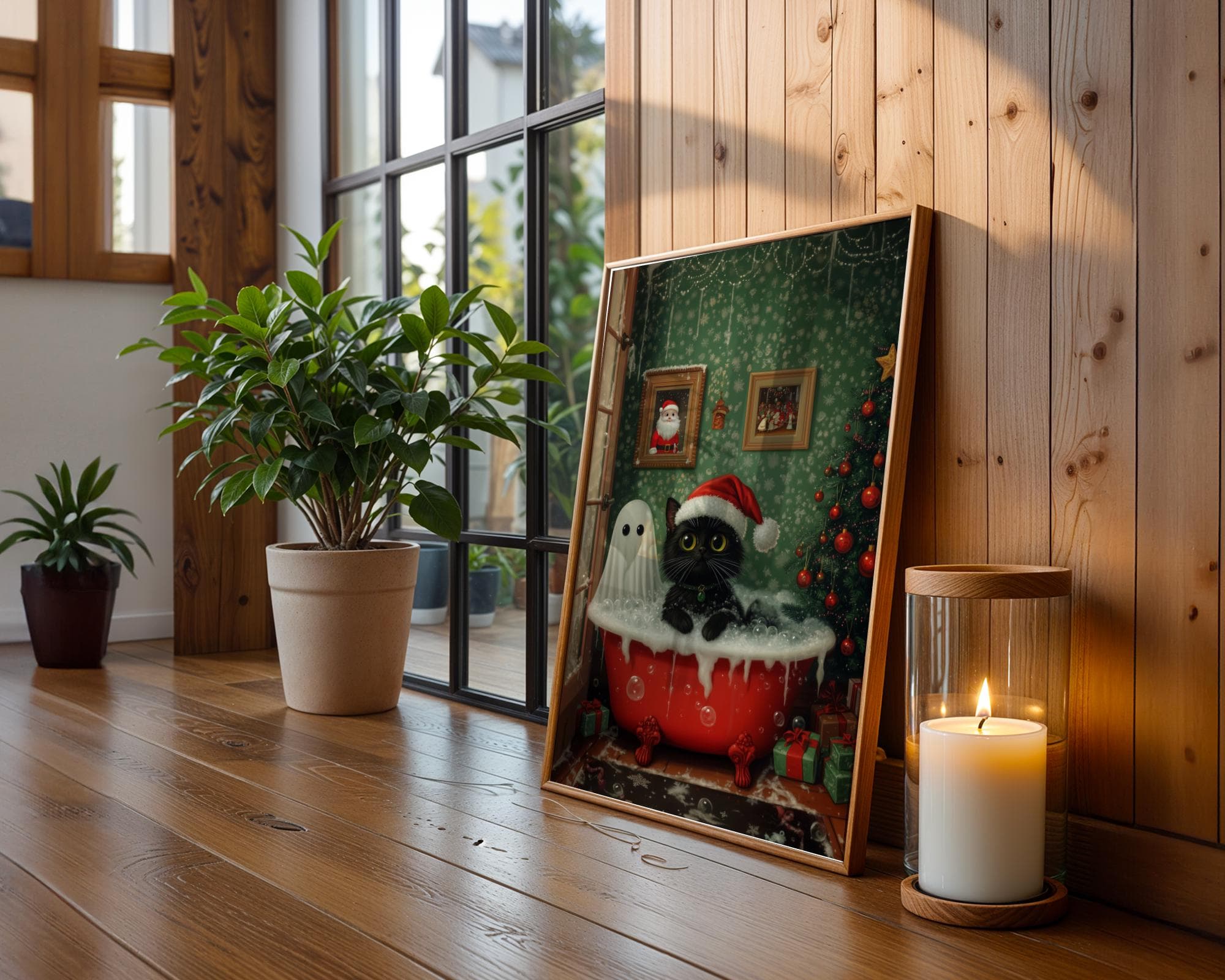 Ghost and Cat Christmas Bubblebath Poster, Spooky Cute Ghost Xmas Bath Art, Black Cat Print, Whimsigoth Holiday Decor, UNFRAMED, Cat Poster - view 4