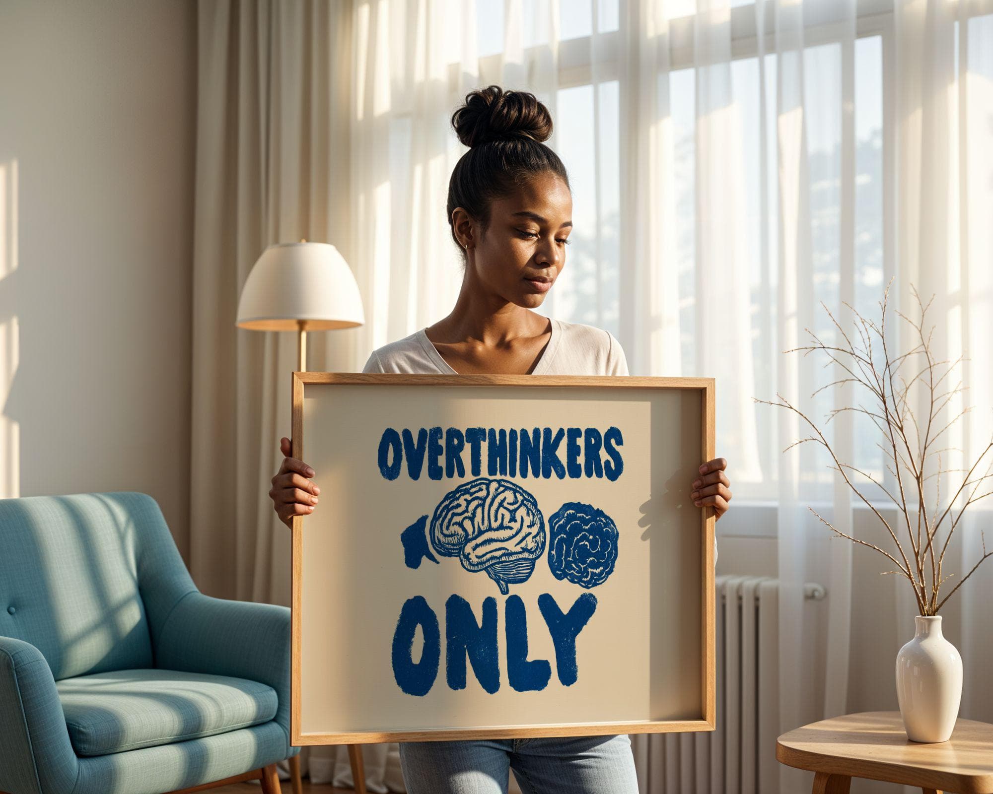 Overthinkers Only Wall Art, Mental Health Wall Art, Retro Typography Poster, Anxiety Humor Wall Art, Dorm Room Wall Art, Blue Beige Print - view 5
