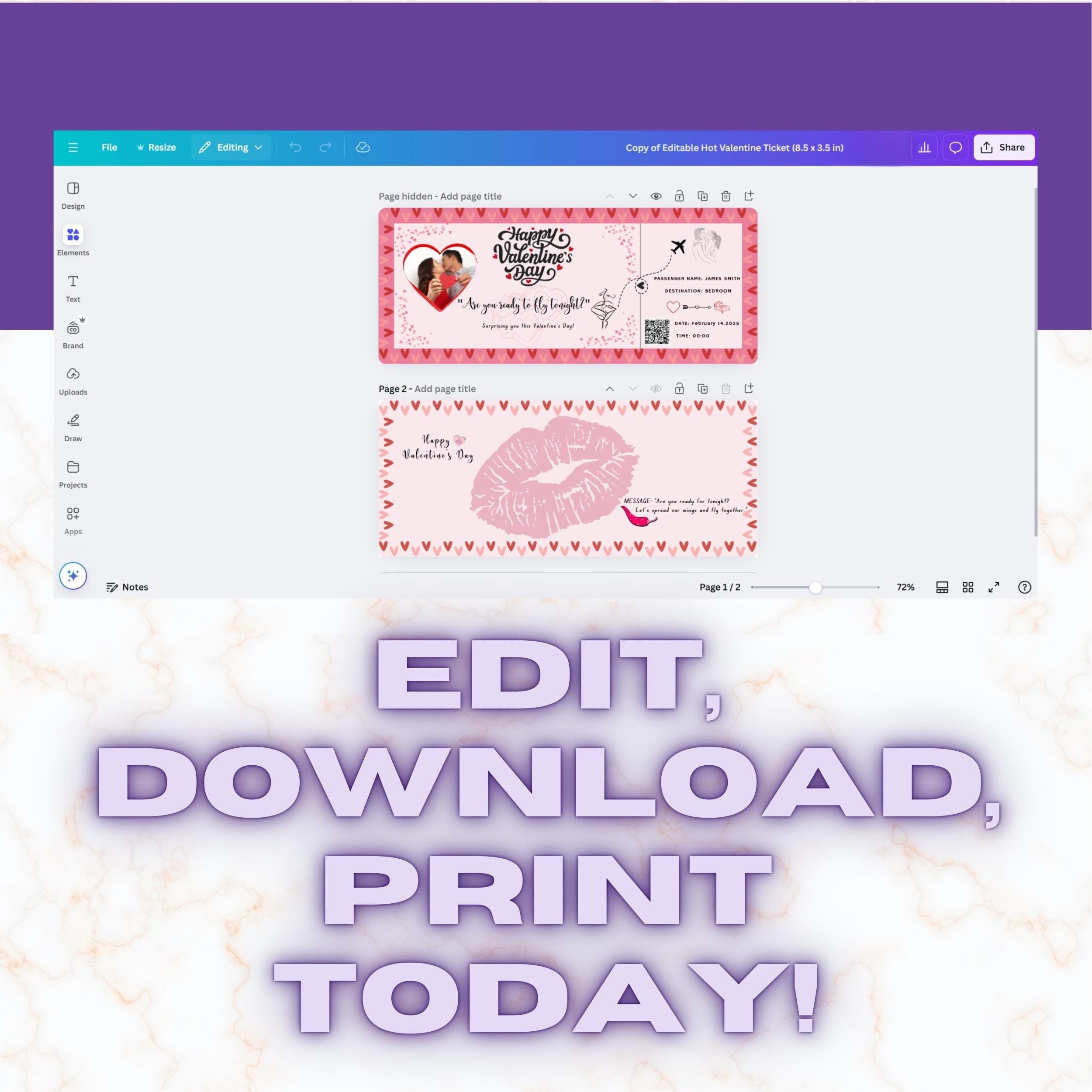 EDITABLE Valentines Day Template, Couple Editable Template, Printable Ticket, Special Days Template, Making Love, Anniversary Template - view 6