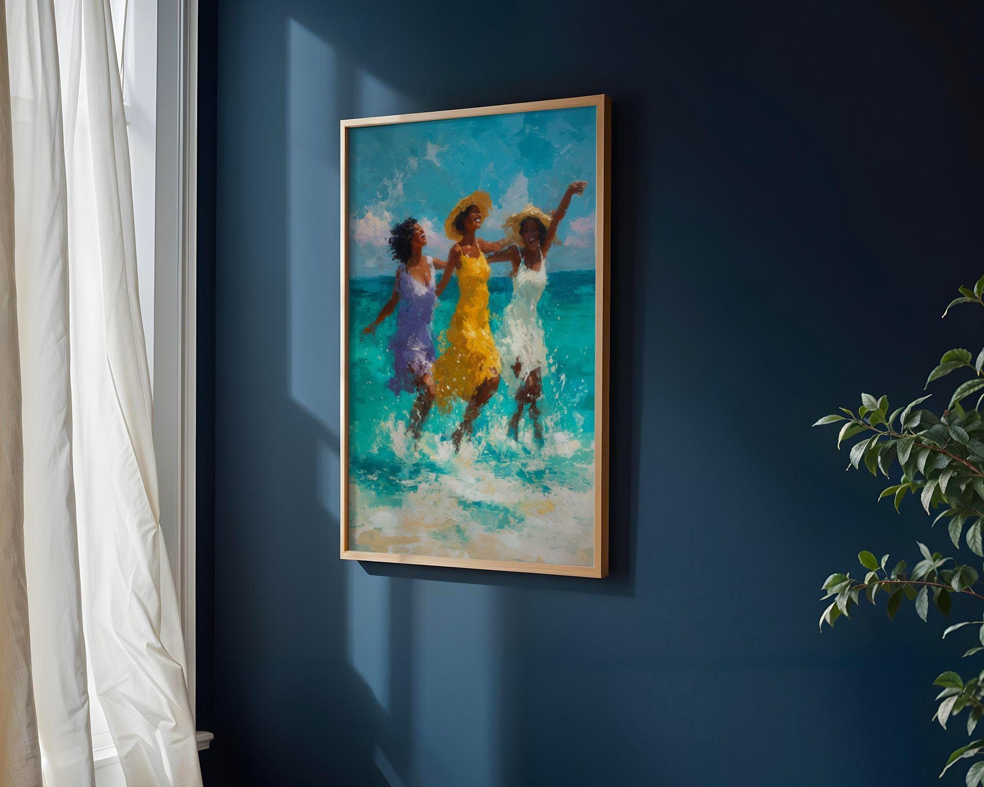 Beach Wall Art Print, Ocean Waves Painting, Summer Friends in Surf, Coastal Decor, Afrocentric Decor, Oil Painting Print, Digital Art - view 2
