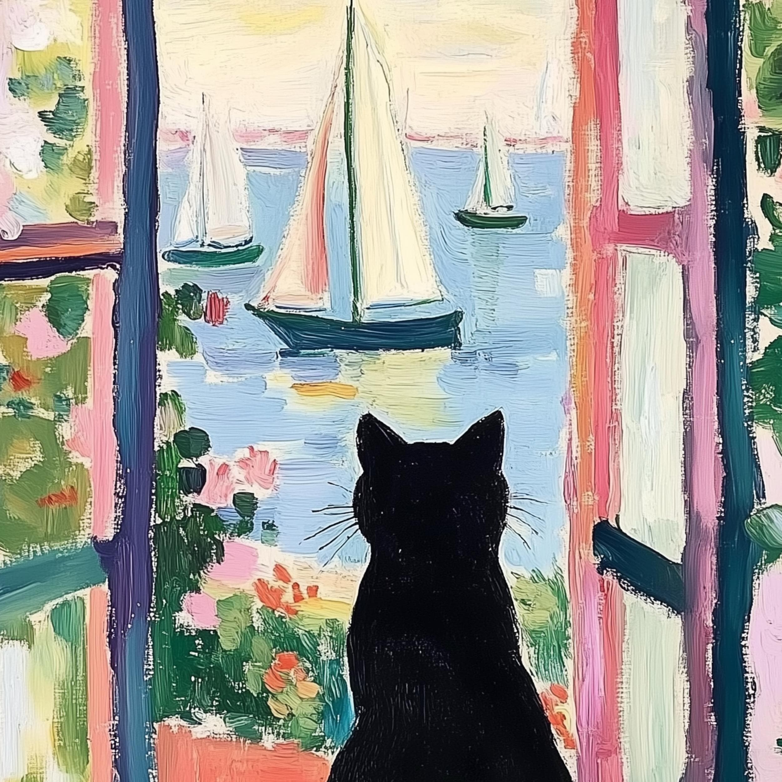 Black Cat by the Sea Poster, Colorful Oil Painting Print, Colorful Wall Decor, Matisse Oil Painting Poster, Whimsical Cat & Sailboats Art - view 2