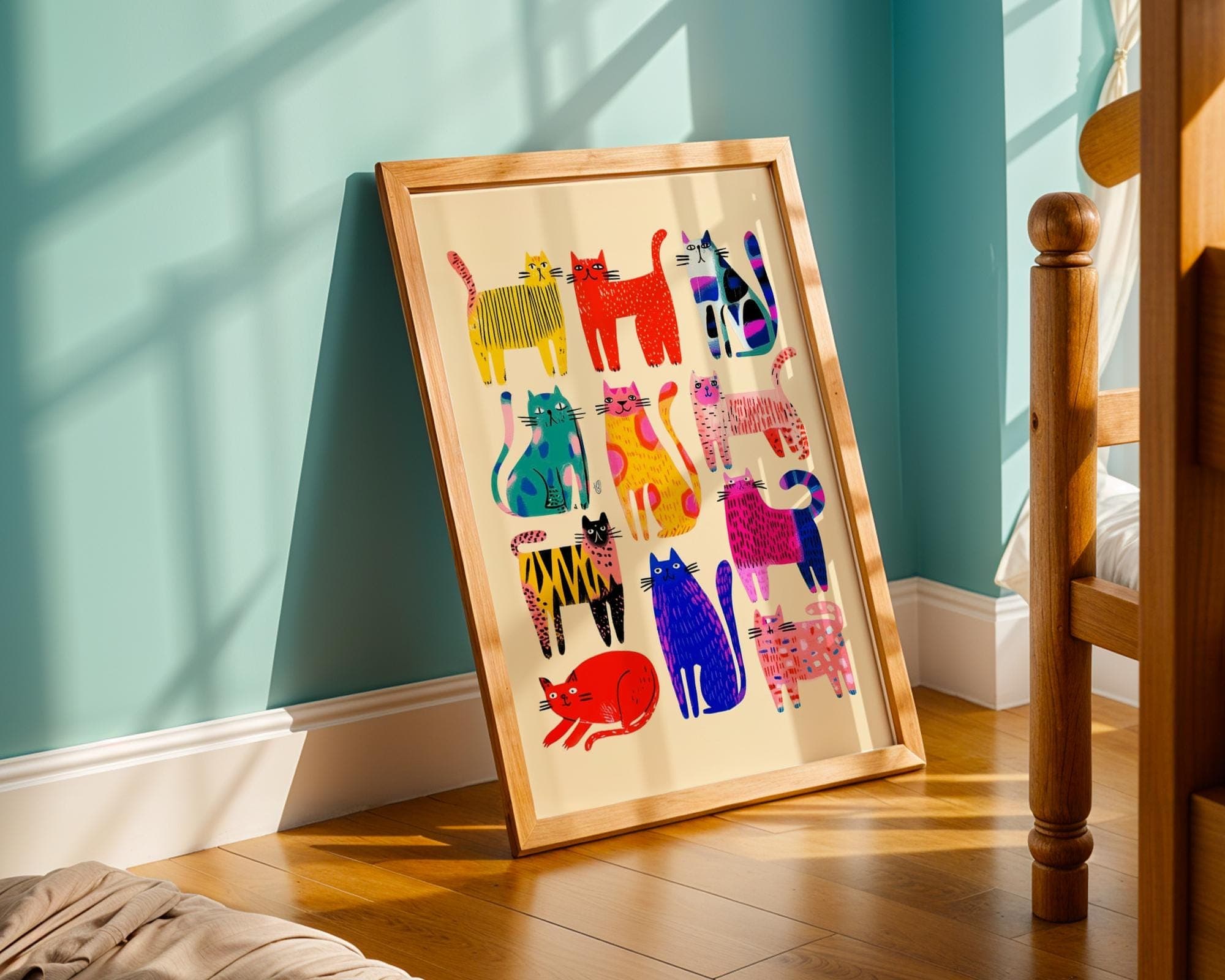 Whimsical Cat Art Print, Abstract Cat Wall Art, Modern Pop Art Cats Print, Whimsical Animal Poster, Colorful Cat Wall Art, Quirky Cat Decor - view 3