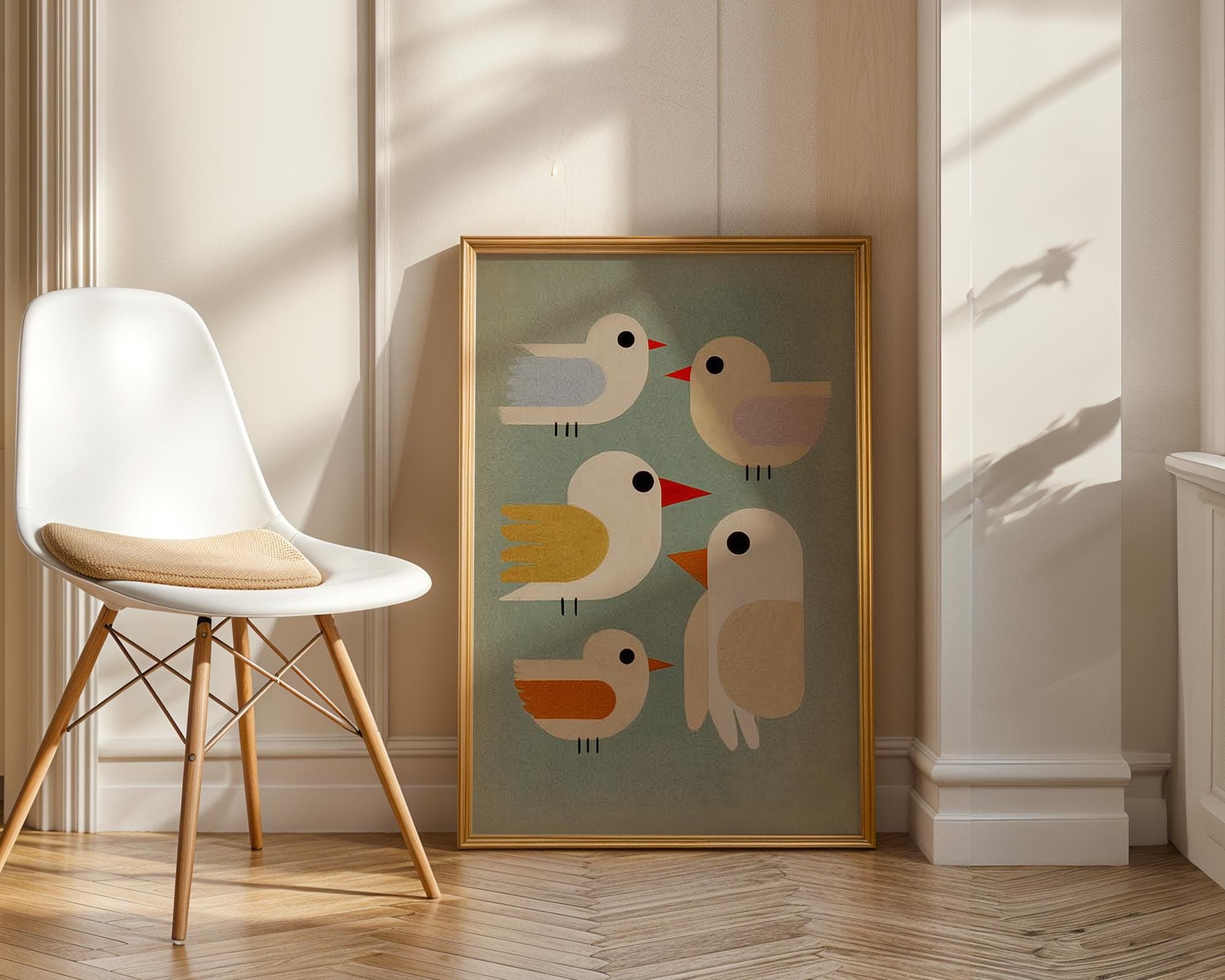 Colorful Minimal Bird Print, Mid Century Modern Bird Wall Art, Retro Minimalist Birds Print on Blue, Scandinavian Nursery Decor, Bird Print - view 4
