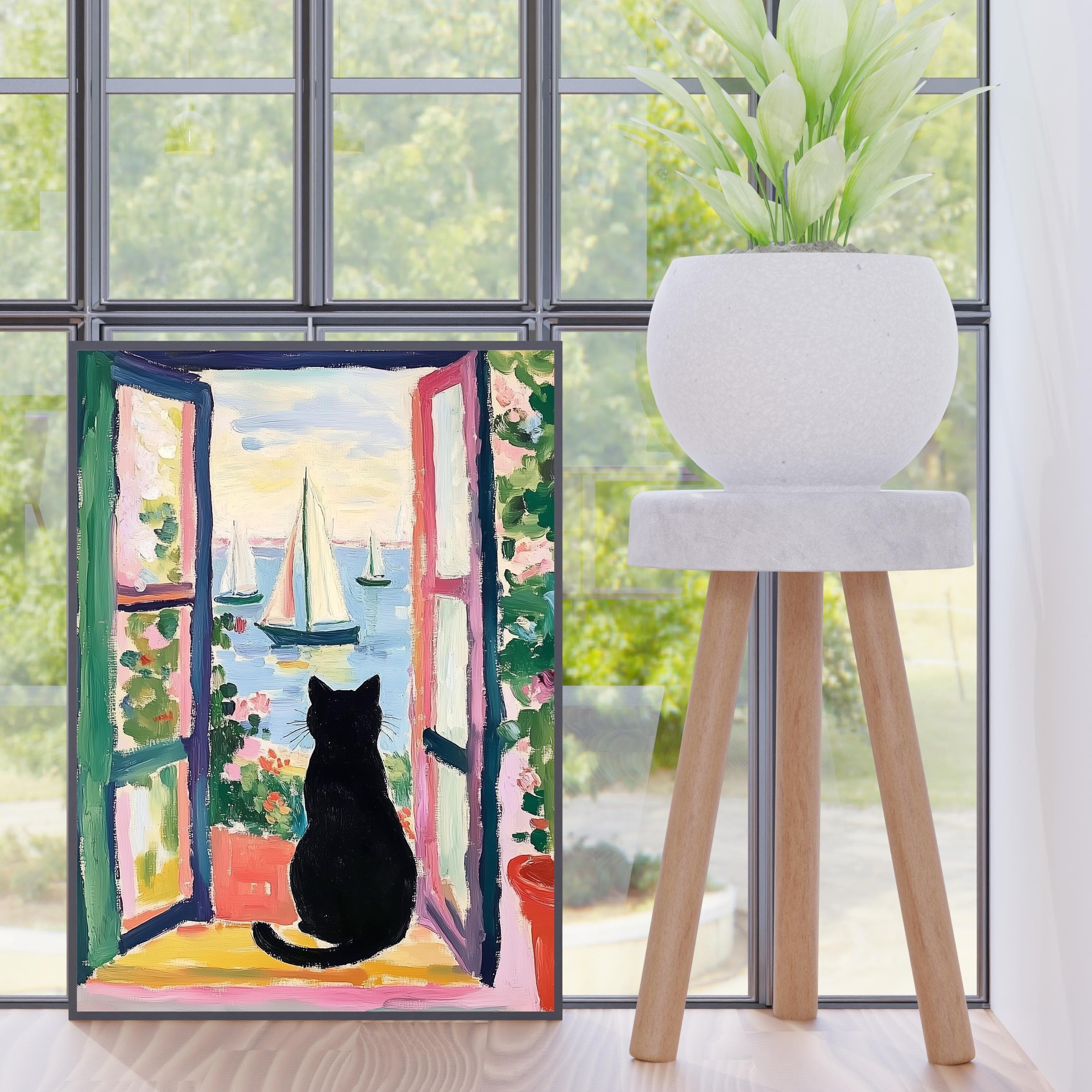 Black Cat by the Sea Poster, Colorful Oil Painting Print, Colorful Wall Decor, Matisse Oil Painting Poster, Whimsical Cat & Sailboats Art - view 3