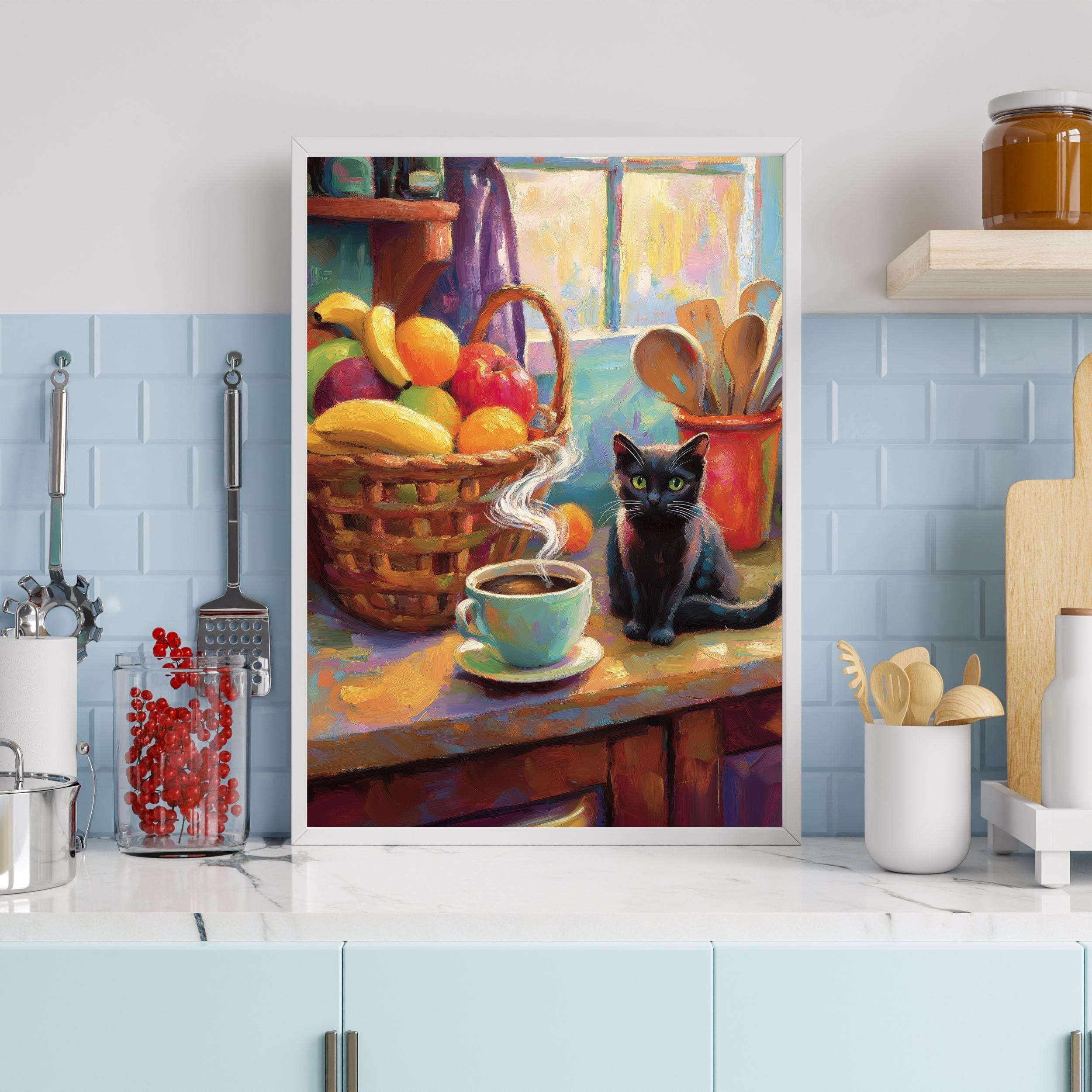 Whimsical Black Cat Wall Art, Farmhouse Kitchen Decor, Black Cat and Coffee Art, Animal Wall Art, Cat Lover Gift, Black Cat Poster - view 4