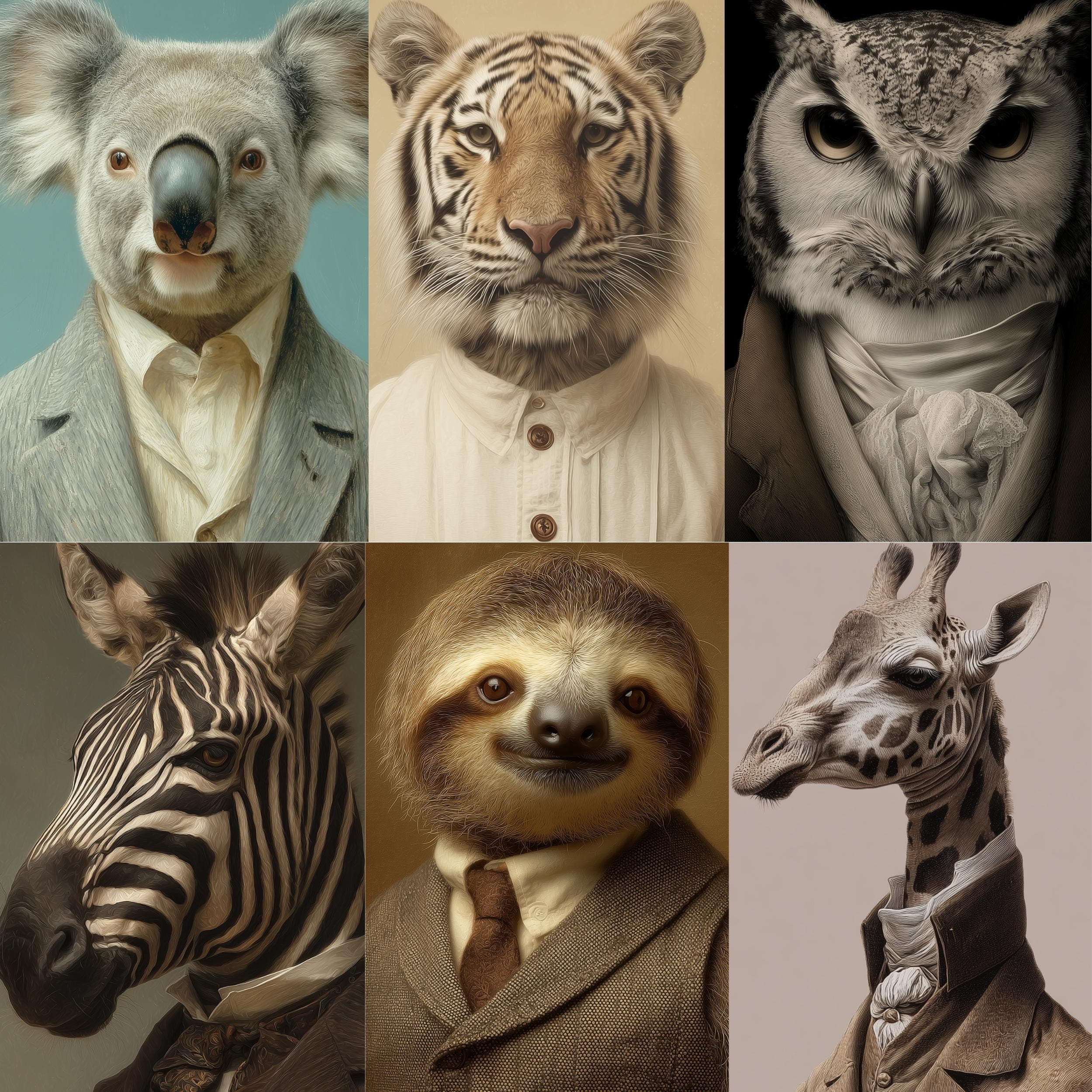 Vintage Animal Portrait Gallery Wall Art Set of 6 ā Academic Style Decor, Dapper Animal Portrait Prints, Maximalist Eclectic, Funky Print - view 2