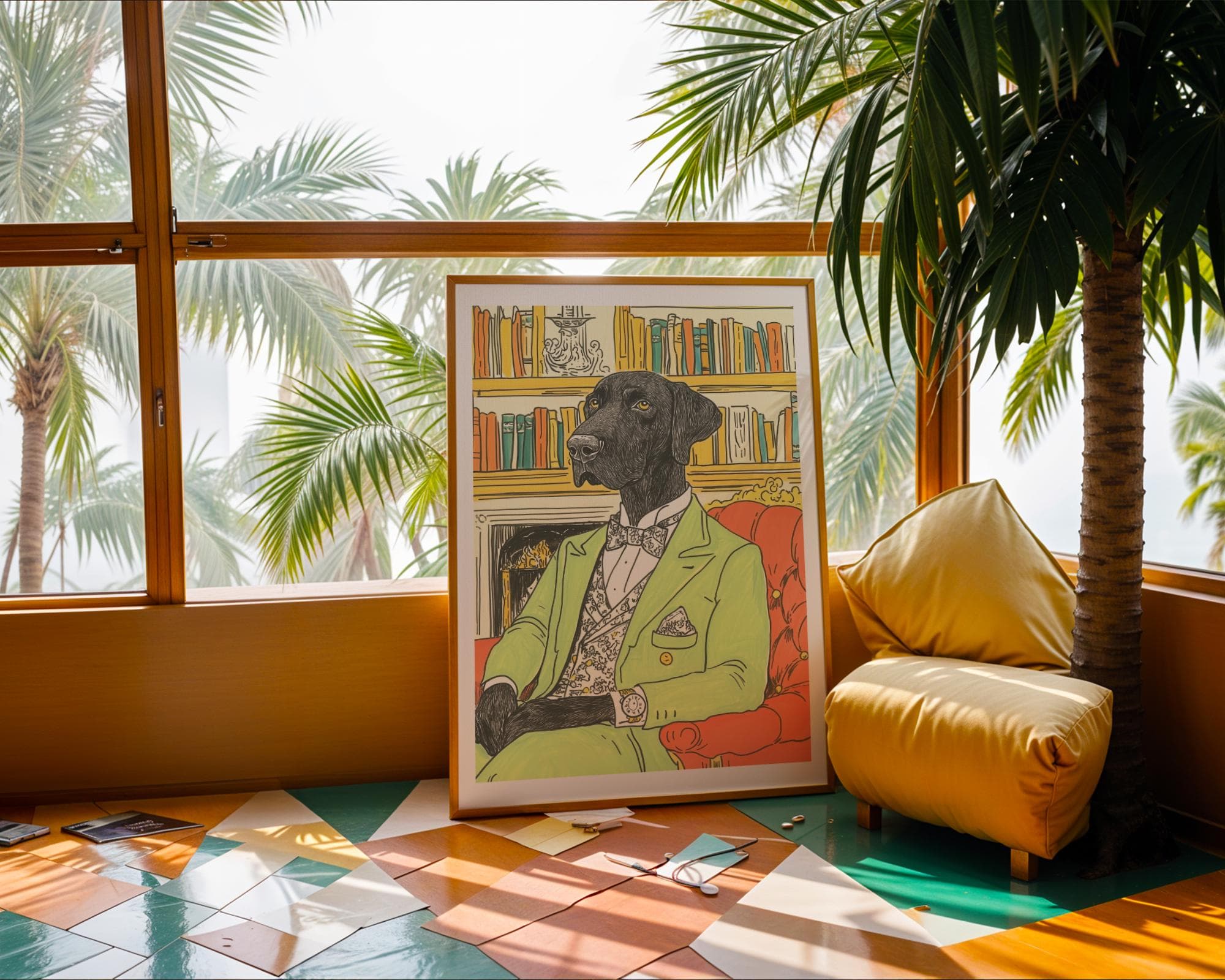Whimsical Dog Wall Art, Stylish Labrador in Library, Unique Home Decor, Gentleman Dog Print, Maximalist Animal Decor, Preppy Dog Print - view 3