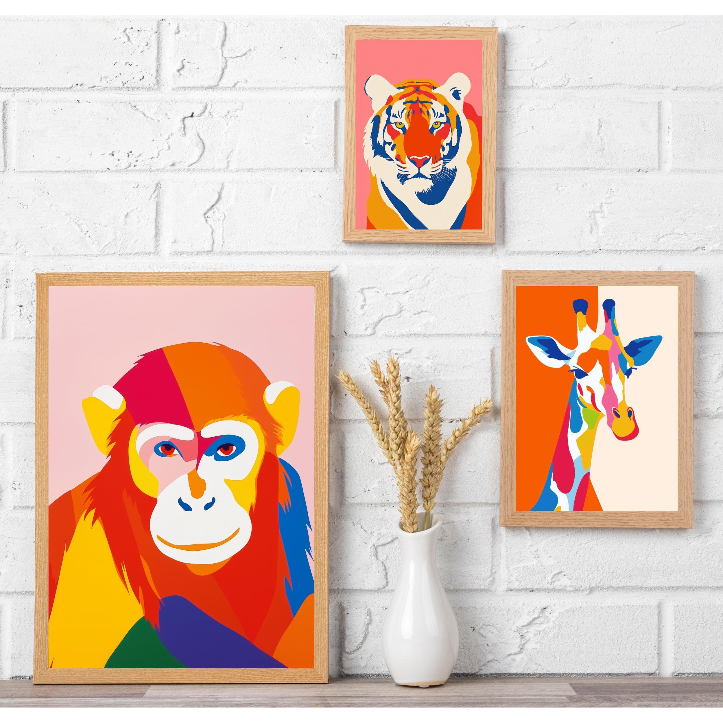 Colorful Animal Wall Decor, Modern Animal Art Prints, Set of 6 with Colorful Prints, Colorful Dog, Cat, Elephant, Giraffe, Tiger, Monkey Art - view 6