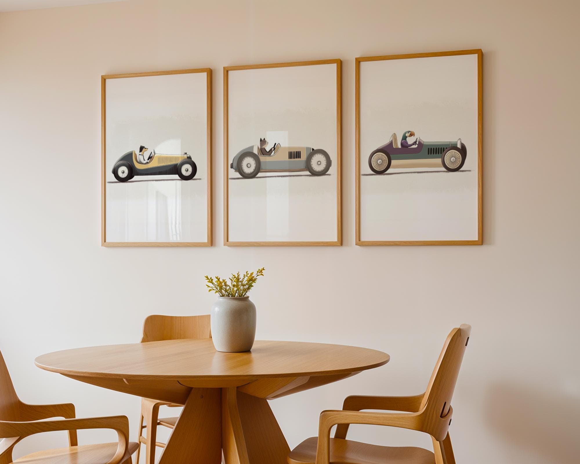 Racing Car Animal Wall Art, Set of 3 Nursery Animal Decor, Animal Driving Vintage Car Art, Playful Wall Print, Racing Animal Illustration - view 4