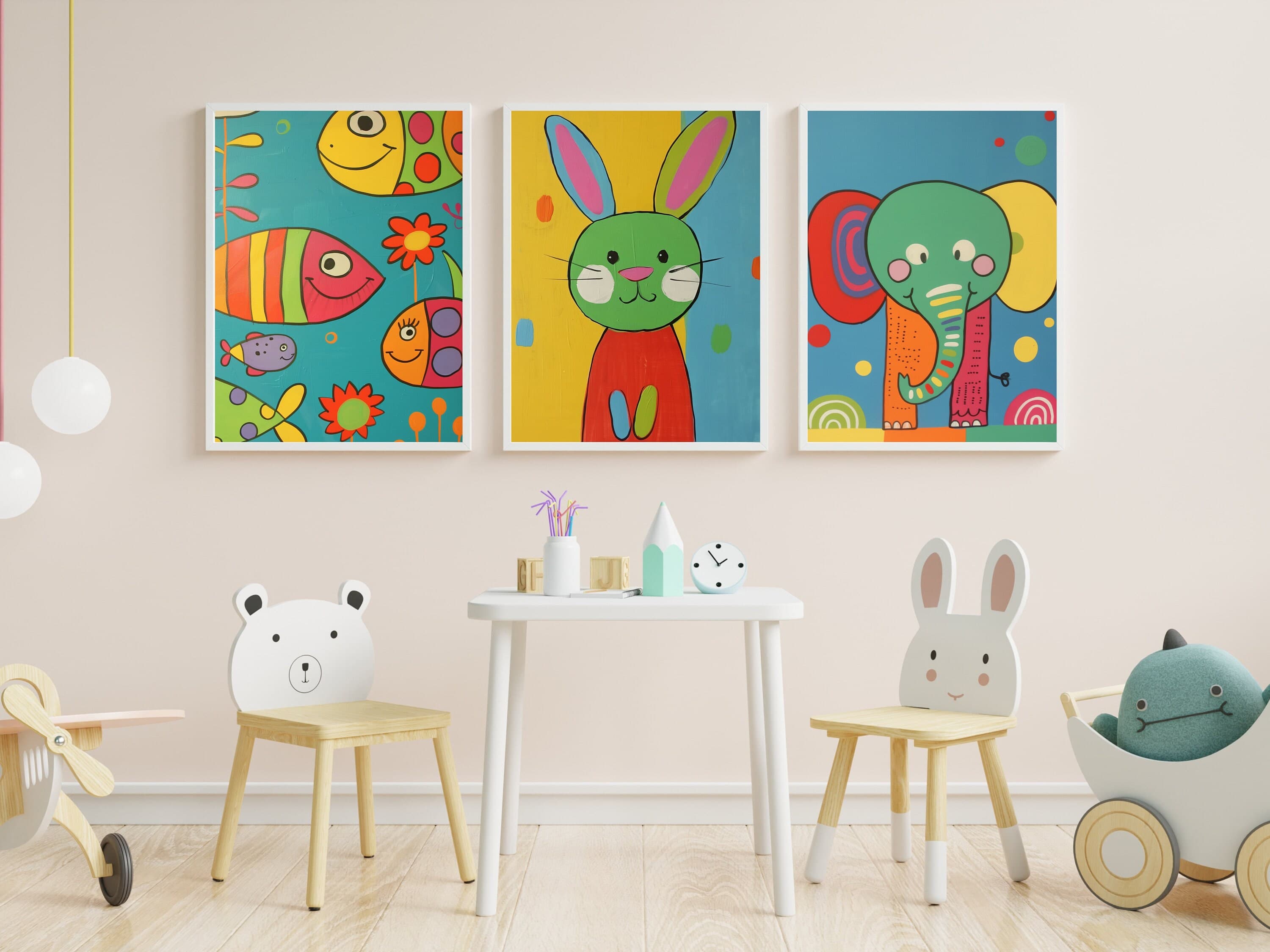 Colorful Animal Prints Set, Colorful Painting , Nursery Wall Art, Cute Baby Room Decor, Playroom Prints, Colorful Nursery Decor, Set of 30 - view 4