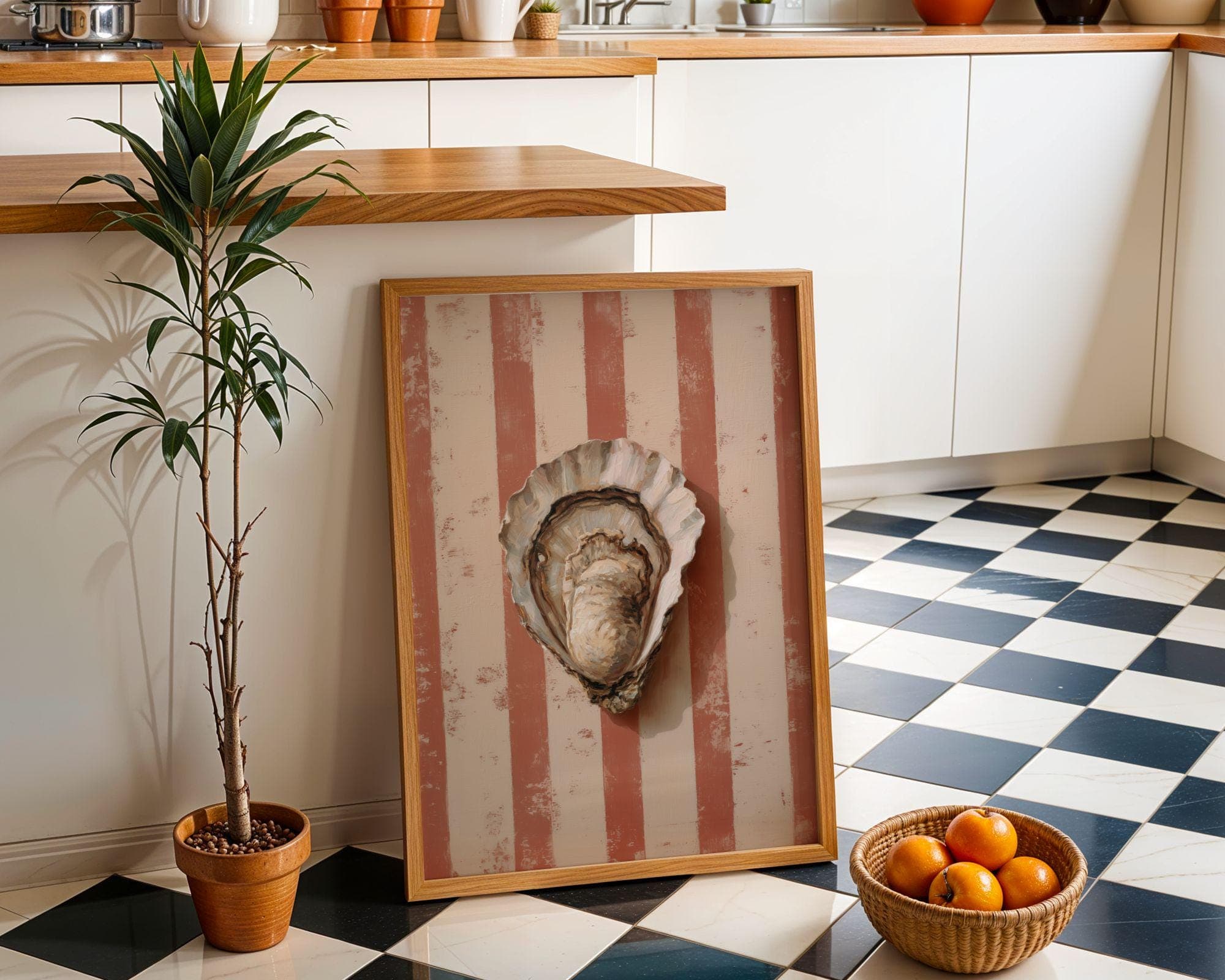 Oyster Shell Wall Print, Coastal Bathroom Decor, Pink Striped Beach House Wall Art, Neutral Nautical Oyster Painting, Preppy Coastal Decor - view 2