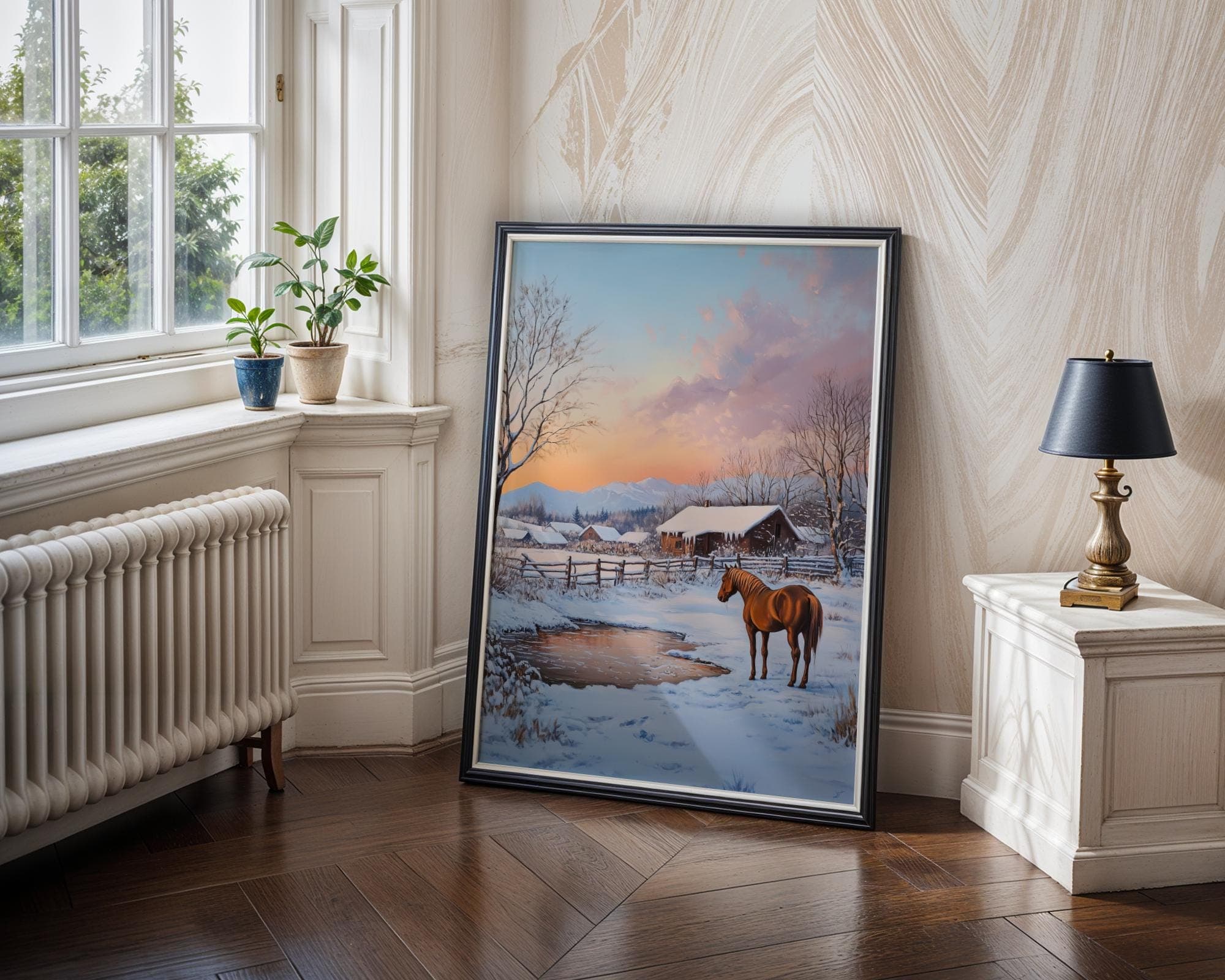 Winter Horse Wall Art, Snowy Farmhouse Landscape Print, Rustic Farm Winter Art, Horse Barn Landscape Painting, Digital Download, Horse Art - view 6