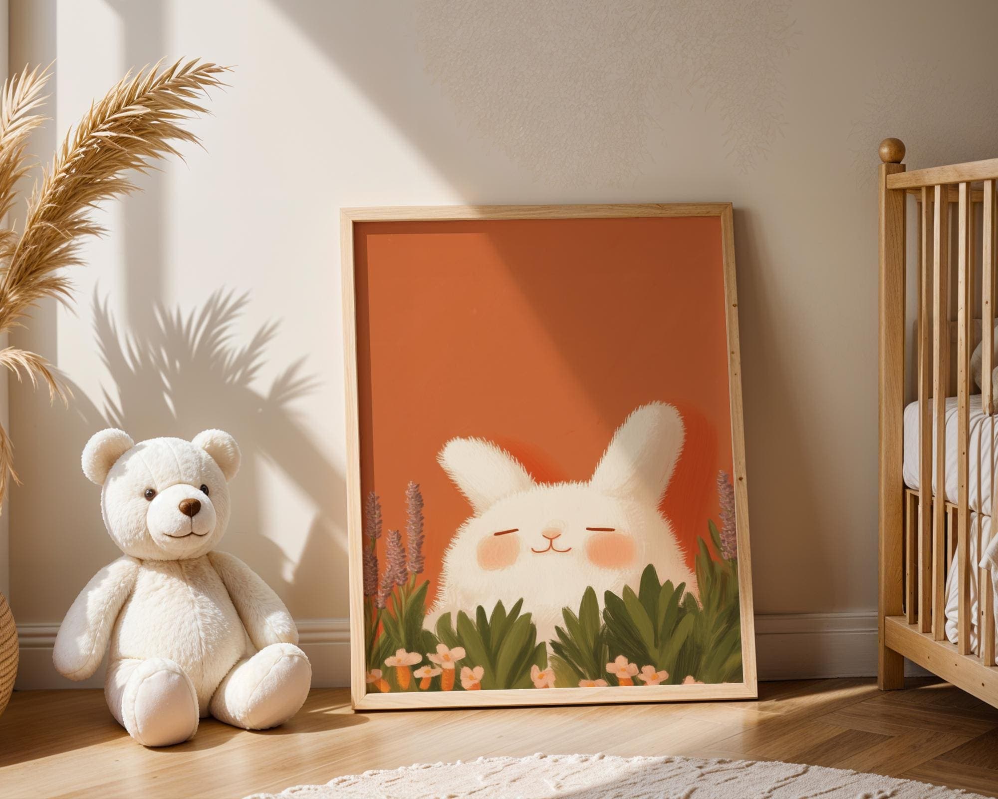 Whimsical Bunny Wall Art, Kids Room Animal Art, Fluffy Bunny Orange Painting, Baby Room Wall Art, Dreamy Baby Room Art, Soft Orange Wall Art - view 7