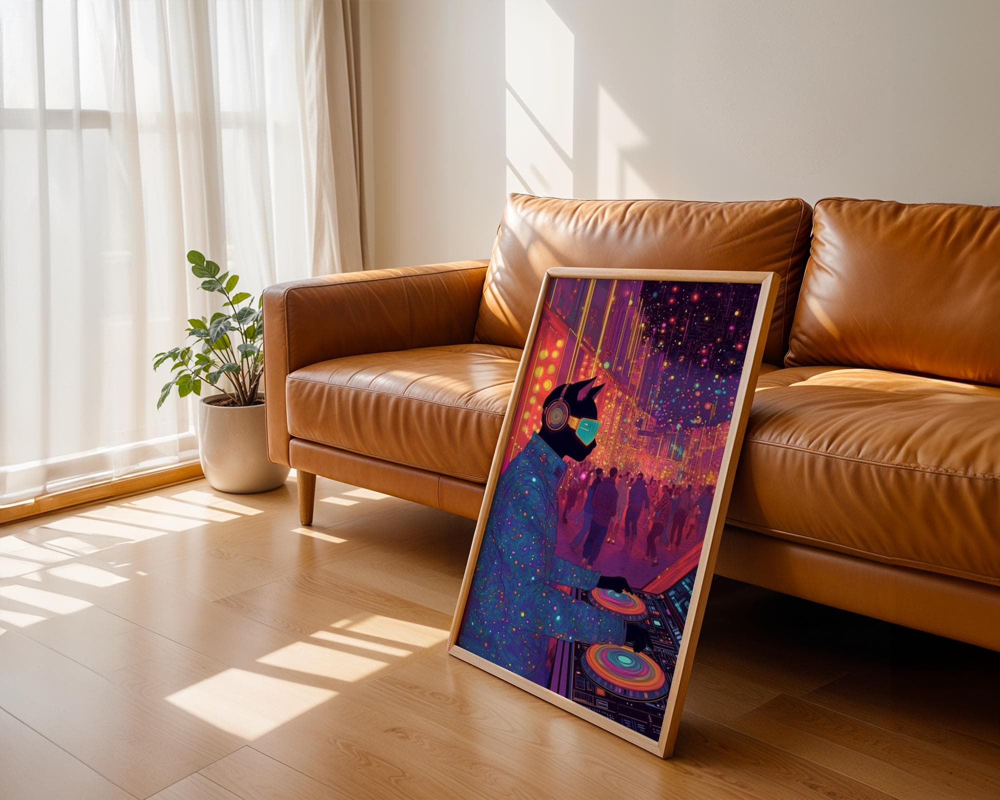 Cyberpunk Cat DJ Wall Art, Neon Futuristic Music Print for Gaming Rooms, Digital Download, Furry DJ Cat Art, Techno Cat DJ Poster, Cat Art - view 3