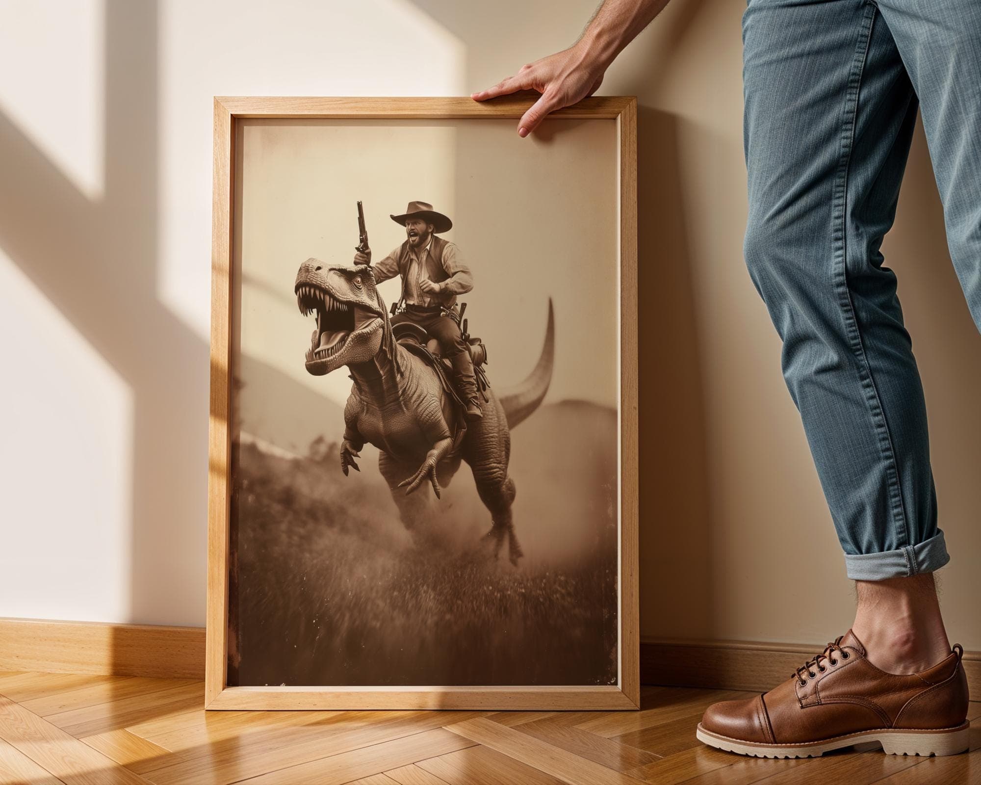 Cowboy Riding Dinosaur Wall Art Print, Western Style Print, Prehistoric Dinosaur Poster, Wild West Dinosaur Cowboy Print, Sepia Poster - view 7