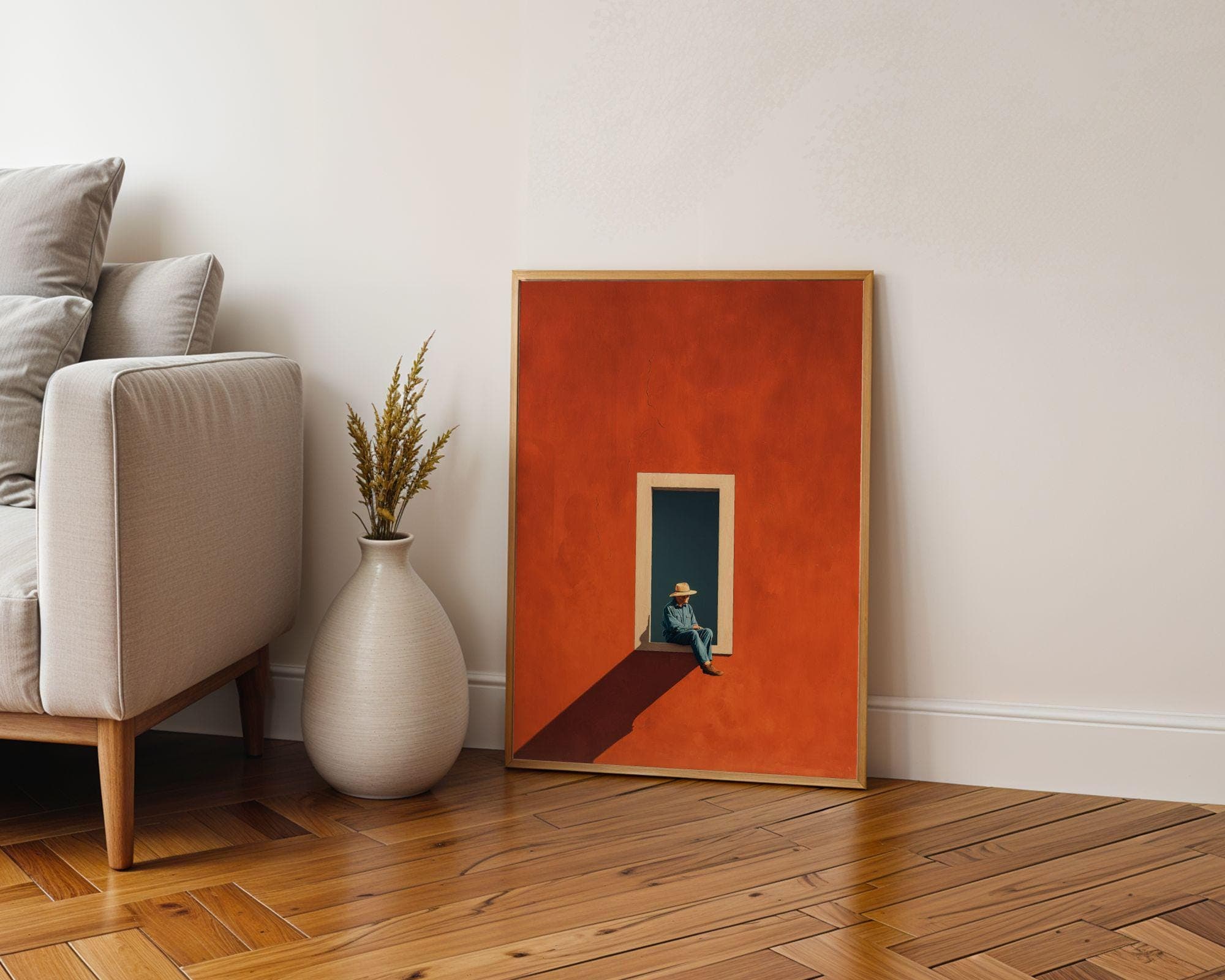 Modern Gallery Print | Man in Window, Terracotta Window Minimal Art Print, Mid-Century Vibe | Minimal Window Art, Orange Wall Decor - view 9