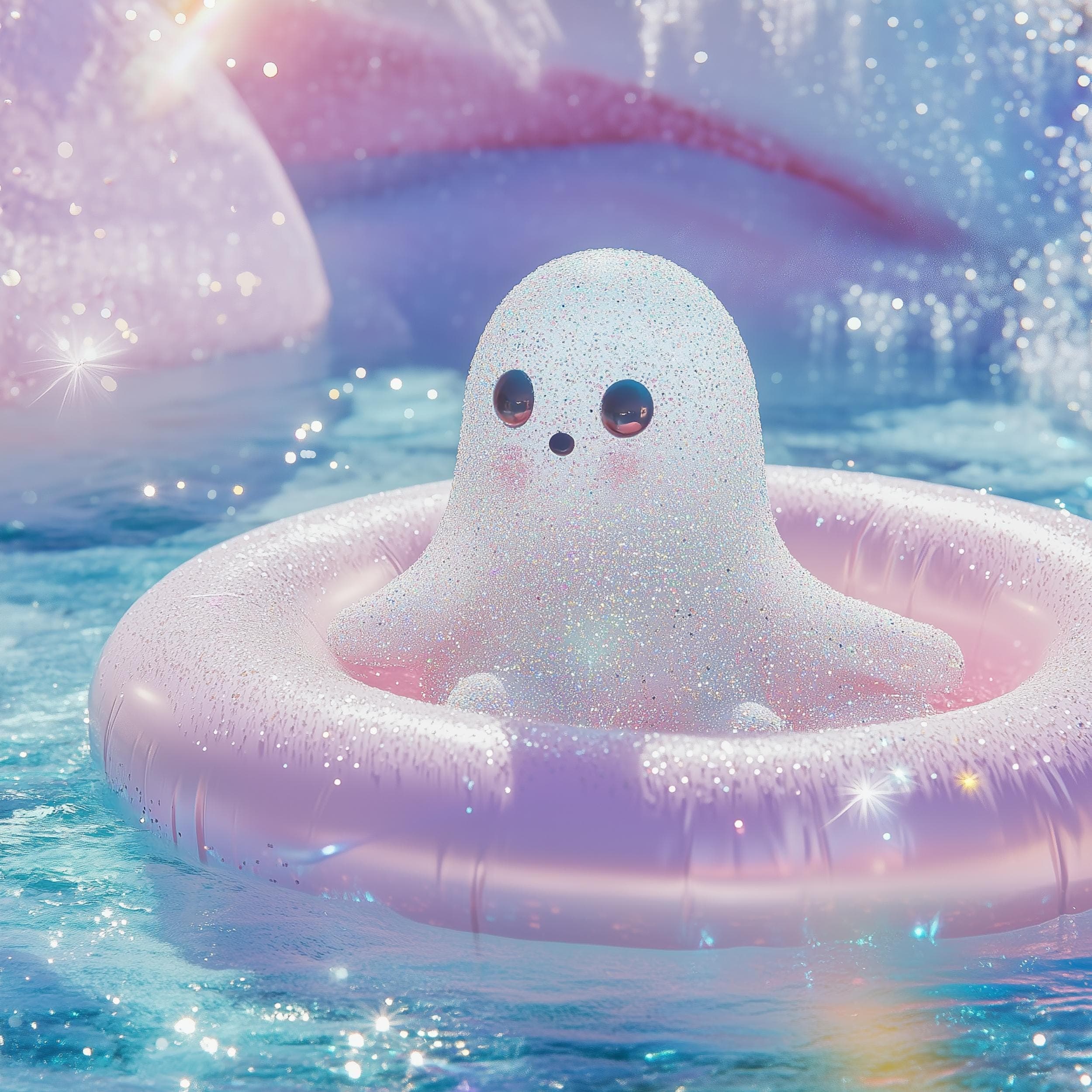 Cute Ghost Art Print, Halloween Art Print, Kawaii Ghost Art Print, Cute Seal Ghost Illustration, Pastel Sparkle Pool Art, Whimsical Decor - view 2