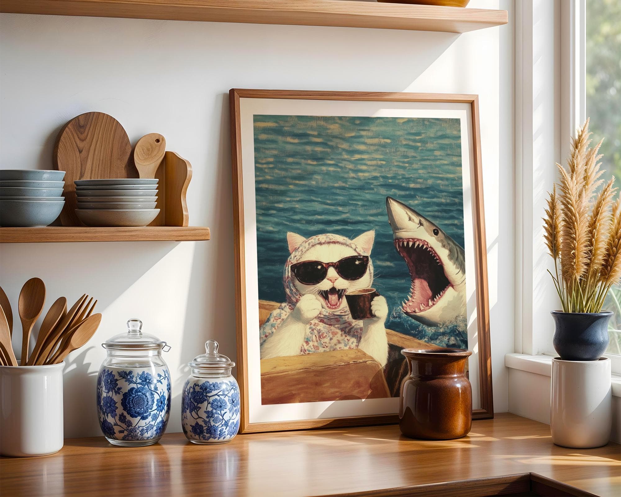 Funny Cat and Shark Wall Art, Funny Animal Art, Quirky Art Print, Quirky Cat Poster, Maximalist Cat Wall Art, Humorous Poster, Digital Art - view 5