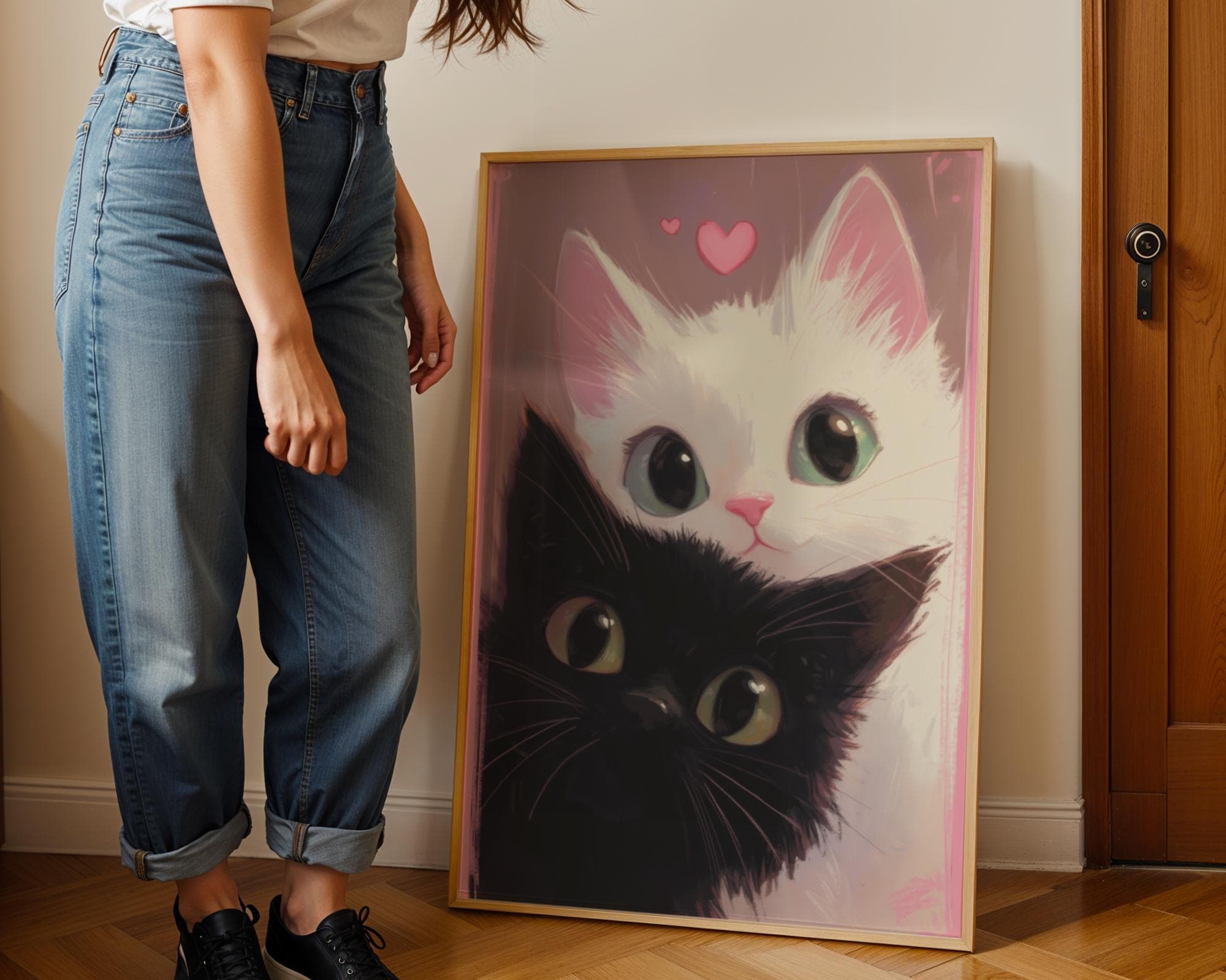Adorable Black and White Cats Wall Art – Romantic Feline Illustration, Nursery Cat Wal Decor – Kidsroom Art, Kidsroom Cat Art, Printable Cat - view 3