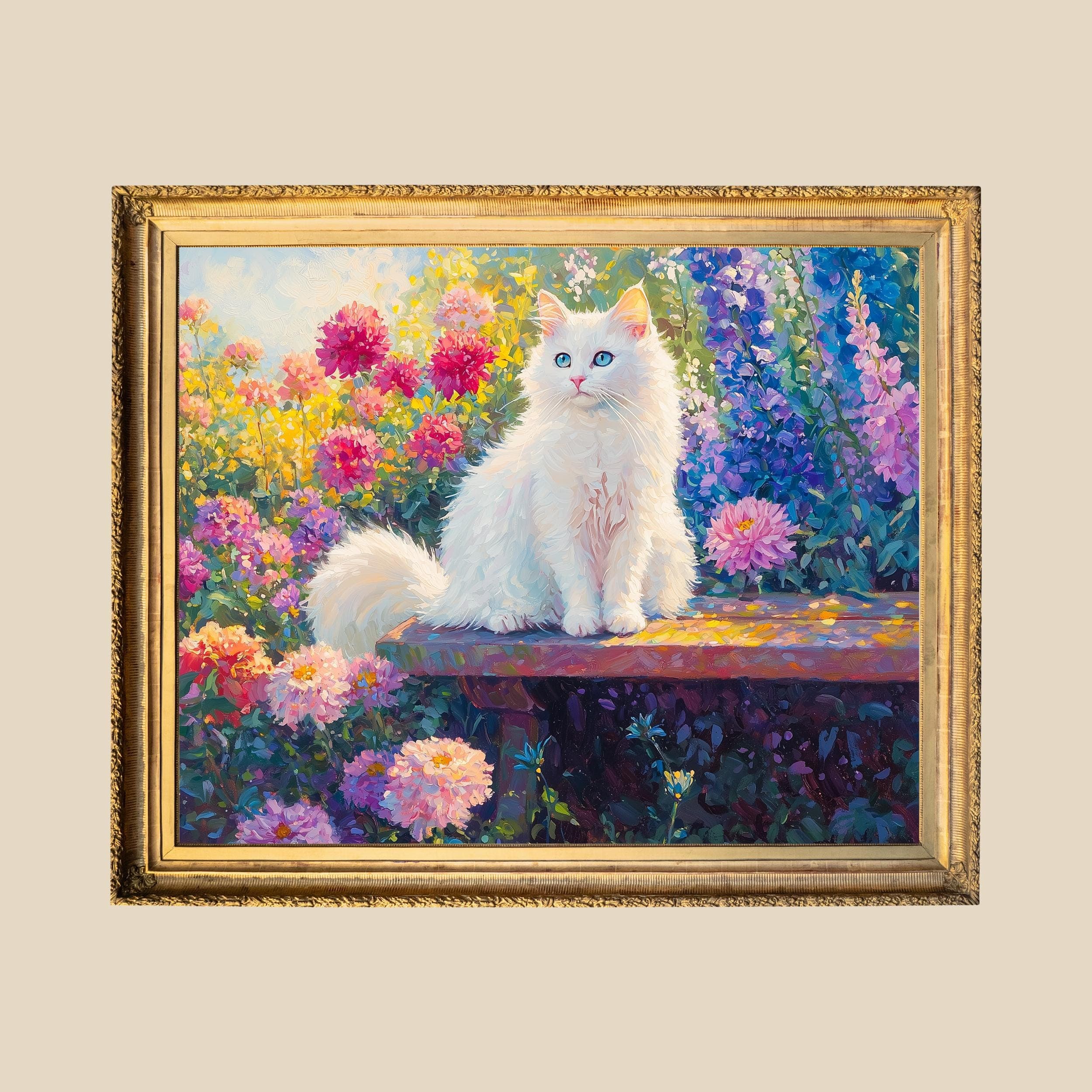 Fluffy white cat in a flower garden, Oil painting of cat and flowers, Garden oil painting print,Colorful floral art print, White Cat Artwork - view 2