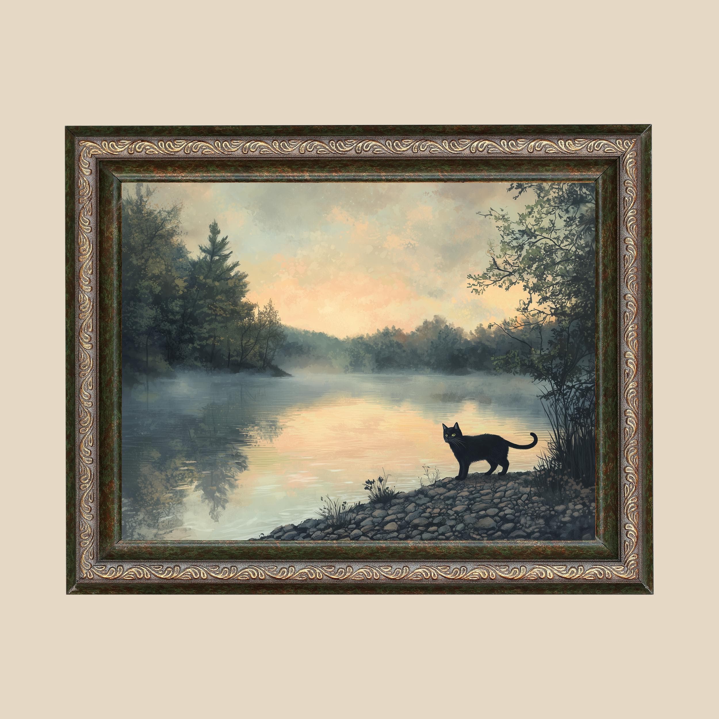 Whimsical Black Cat Art, Calming Landscape Wall Art, Digital Animal Wall Art, UNFRAMED, Black Cat Poster, Landscape Prints, Digital Cat Art - view 2