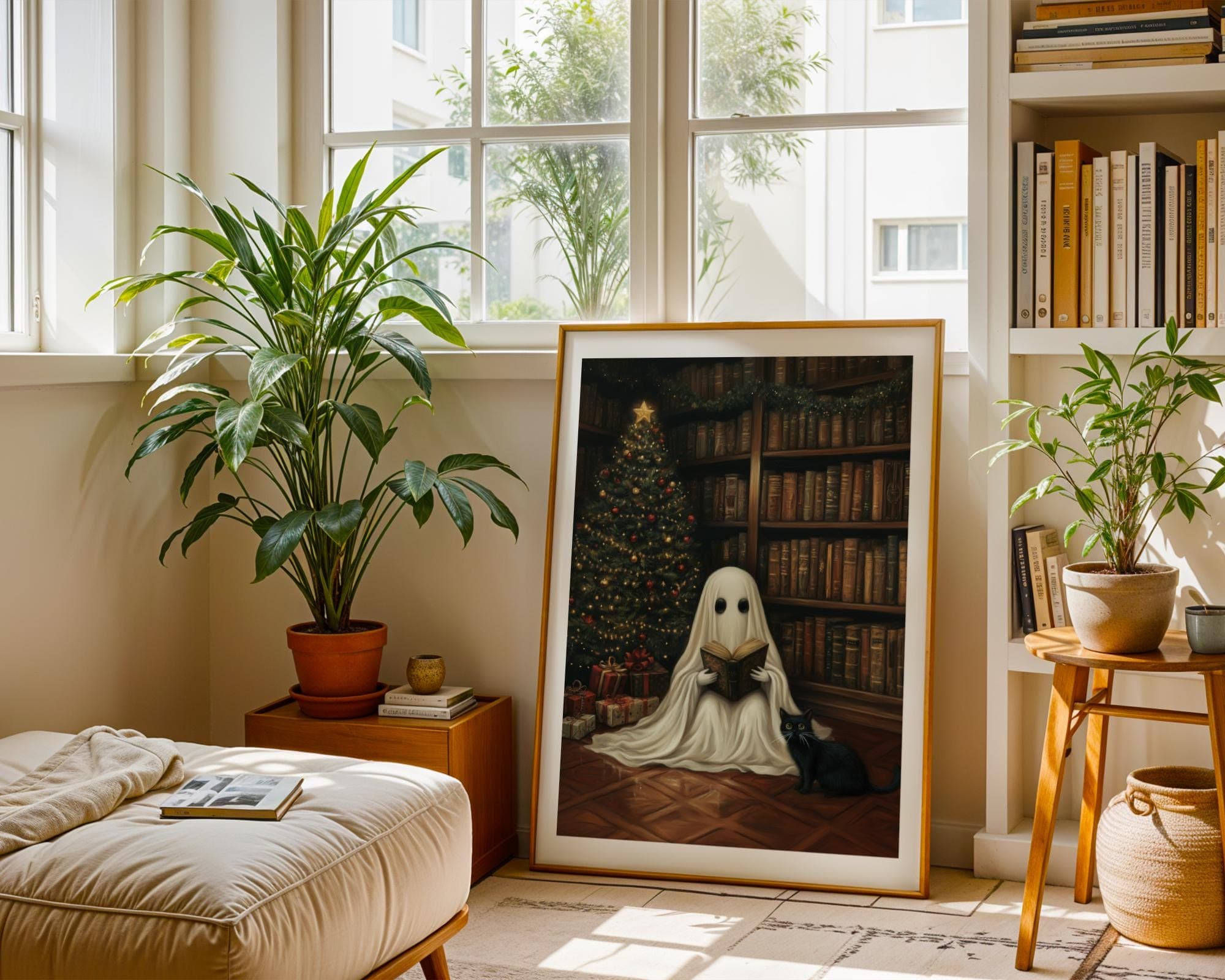 Ghost and Black Cat Wall Art, Spooky Christmas Decor, Whimsical Holiday Wall Art, Halloween and Christmas Art, Digital Download, Ghost Art - view 5