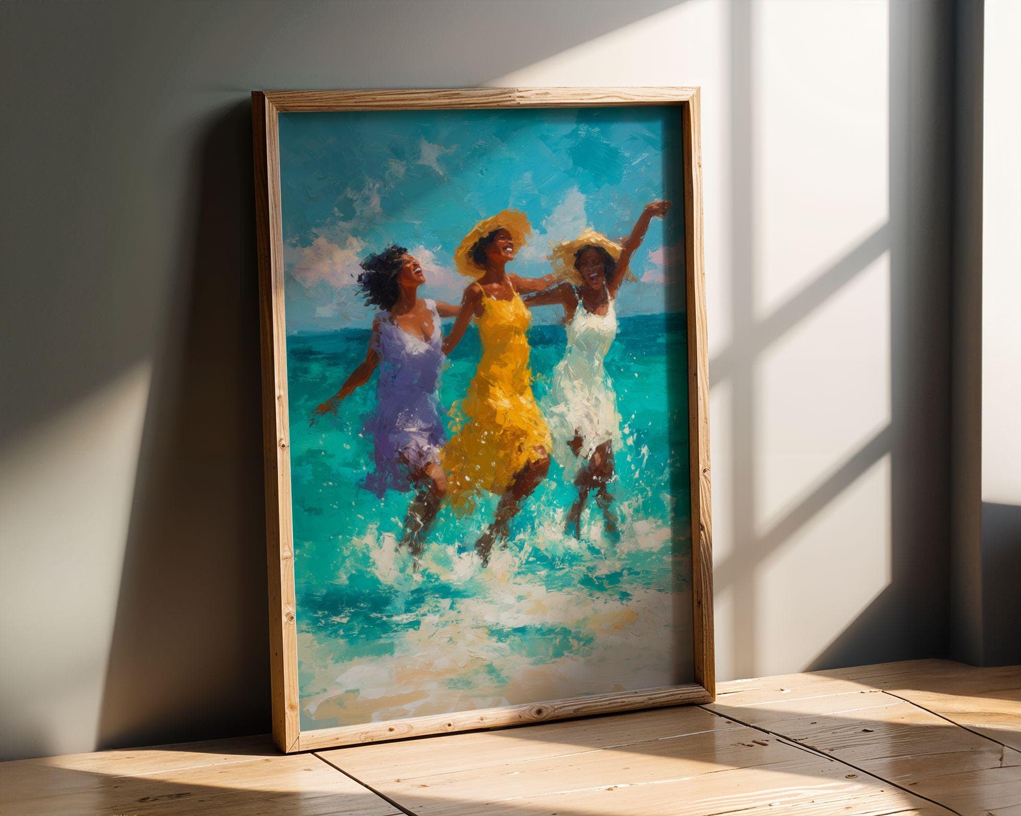 Beach Wall Art Print, Ocean Waves Painting, Summer Friends in Surf, Coastal Decor, Afrocentric Decor, Oil Painting Print, Digital Art - view 5
