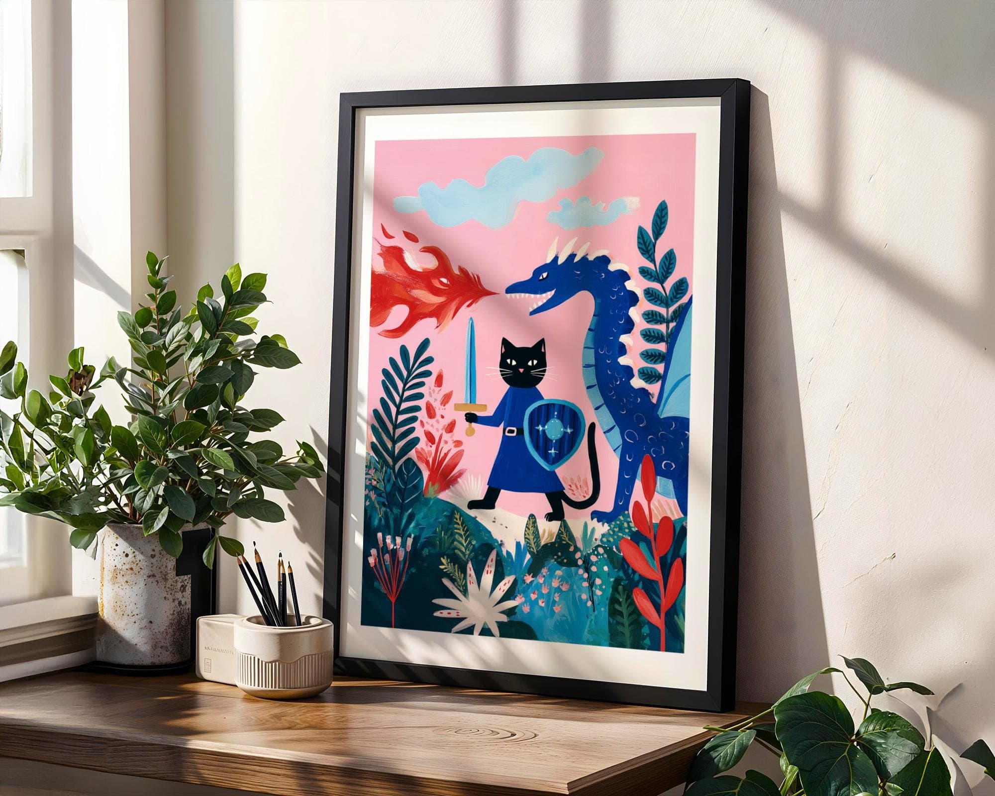 Fantasy Cat Knight Wall Art β Whimsical Dragon Battle Print, Pink Fantasy Kids Wall Art, Whimsical Black Cat Wall Art, Digital Download - view 5