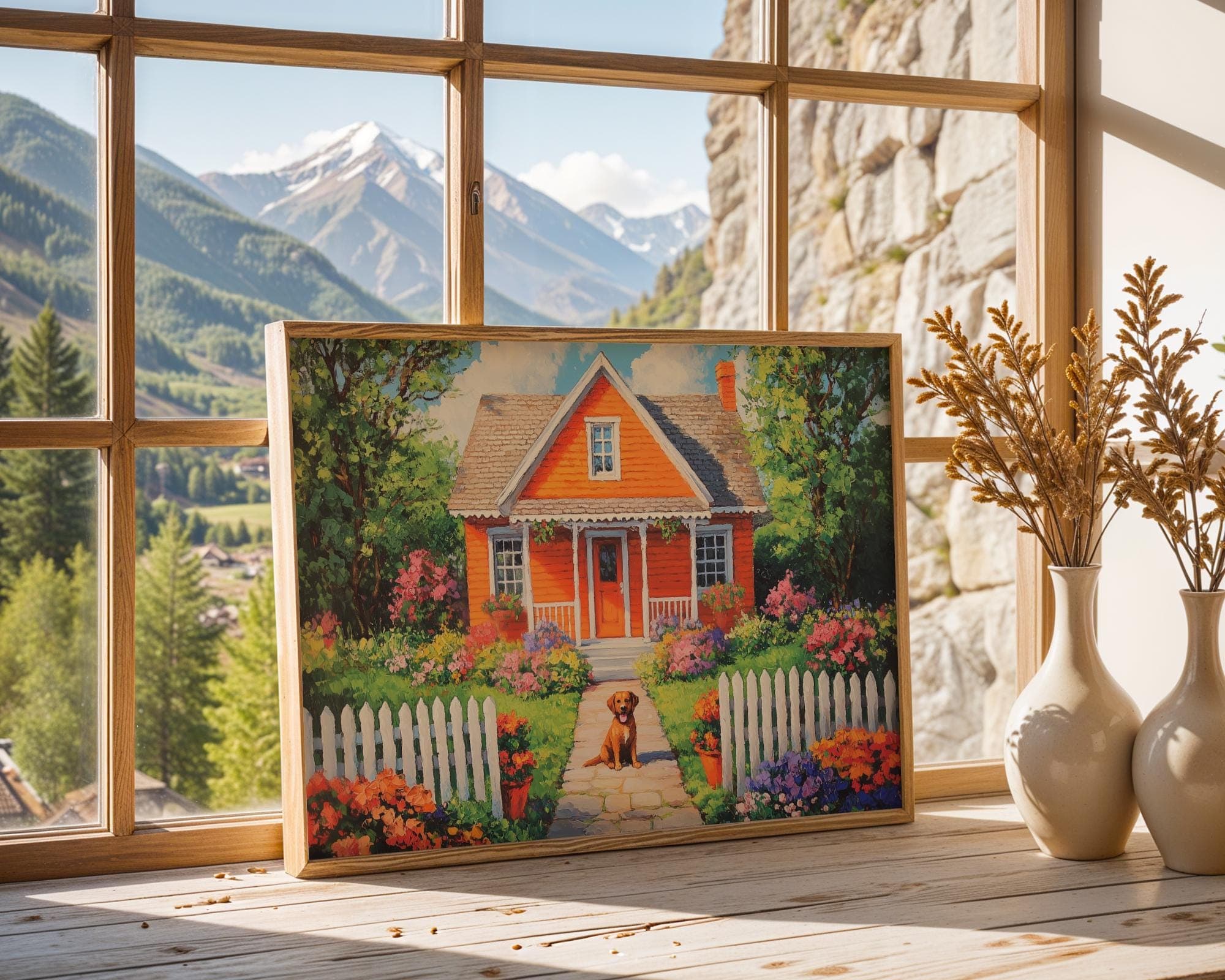 Colorful Garden House Painting, Garden Cottage Wall Art, Cottagecore Dog Poster, Rustic Home Floral Print, Colorful Floral Garden Print - view 4