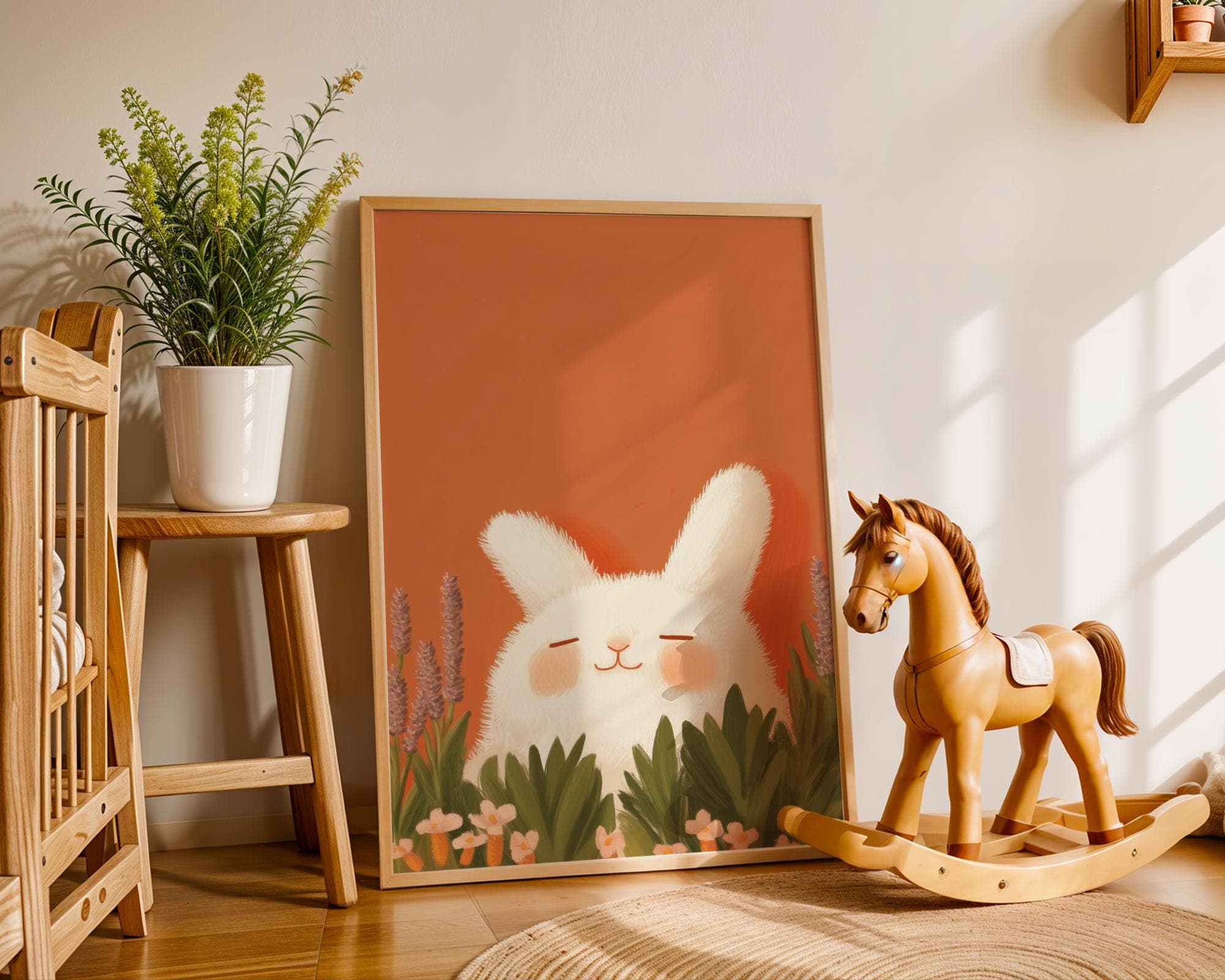 Whimsical Bunny Wall Art, Kids Room Animal Art, Fluffy Bunny Orange Painting, Baby Room Wall Art, Dreamy Baby Room Art, Soft Orange Wall Art - view 3